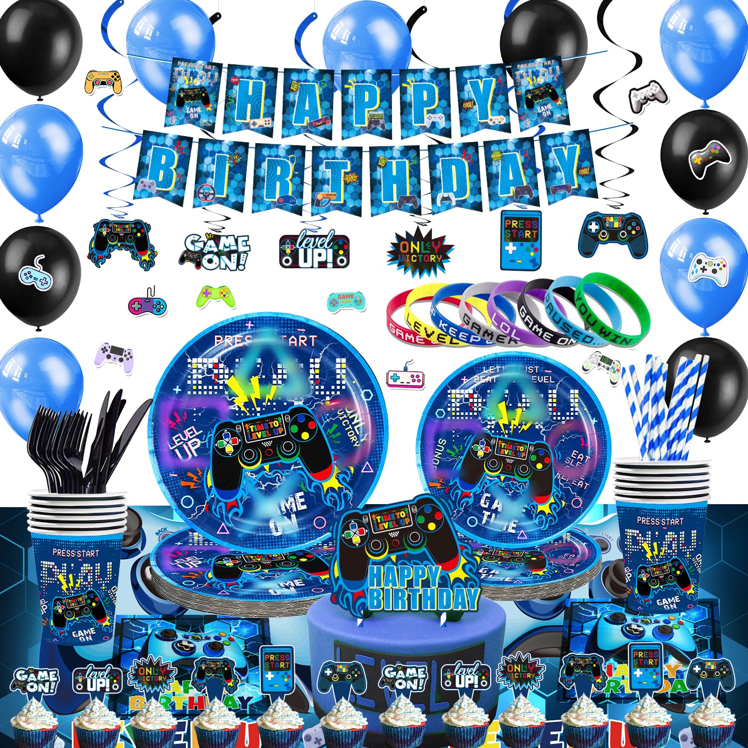 KOTLMIGHT Blue Gamer Birthday Party Decoration - 270Pcs Video Game Gaming Party Supplies For Boys Birthday Party - Table Cover, Plates, Cups, Napkins,