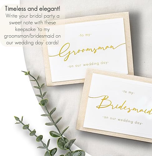 Miniatura 8 de Juego de 2 tarjetas para el día de la boda de la novia y el novio, cartulina texturizada de lino, escritura elegante, plegada de 4.875 x 3.75