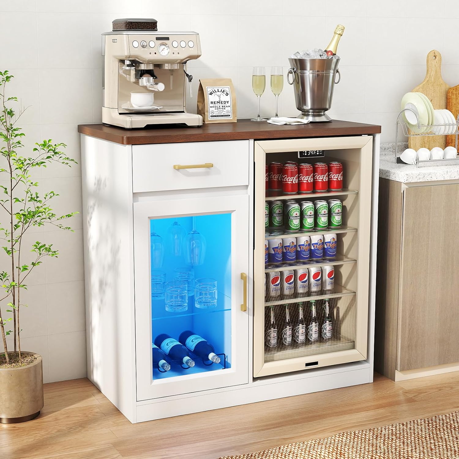 Verano Garden Coffee Bar with Mini Fridge Space, Liquor Cabinet with LED Light & Power Outlet, Coffee Bar Cabinet with Glass Holder, Wine Rack & Drawer, Storage Wine Cabinet for Home, Pub (White)