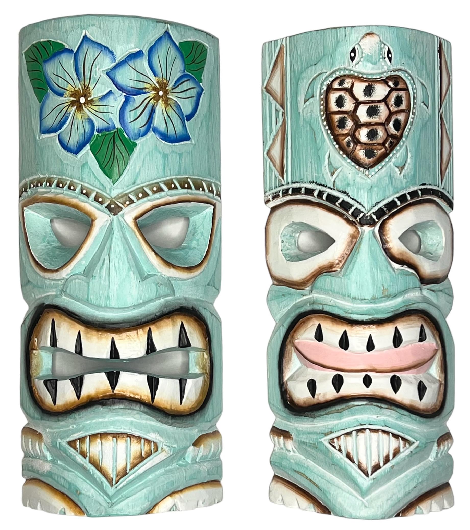 Top Brass Aqua Set Of 2 – Teal Tiki Mask – Unique Hand Carved Wall Hanging Or Freestanding Sculpture – Tropical Polynesian Flowers And Hawaiian Sea Turtle – Tribal Party Beach Luau Bar Decor