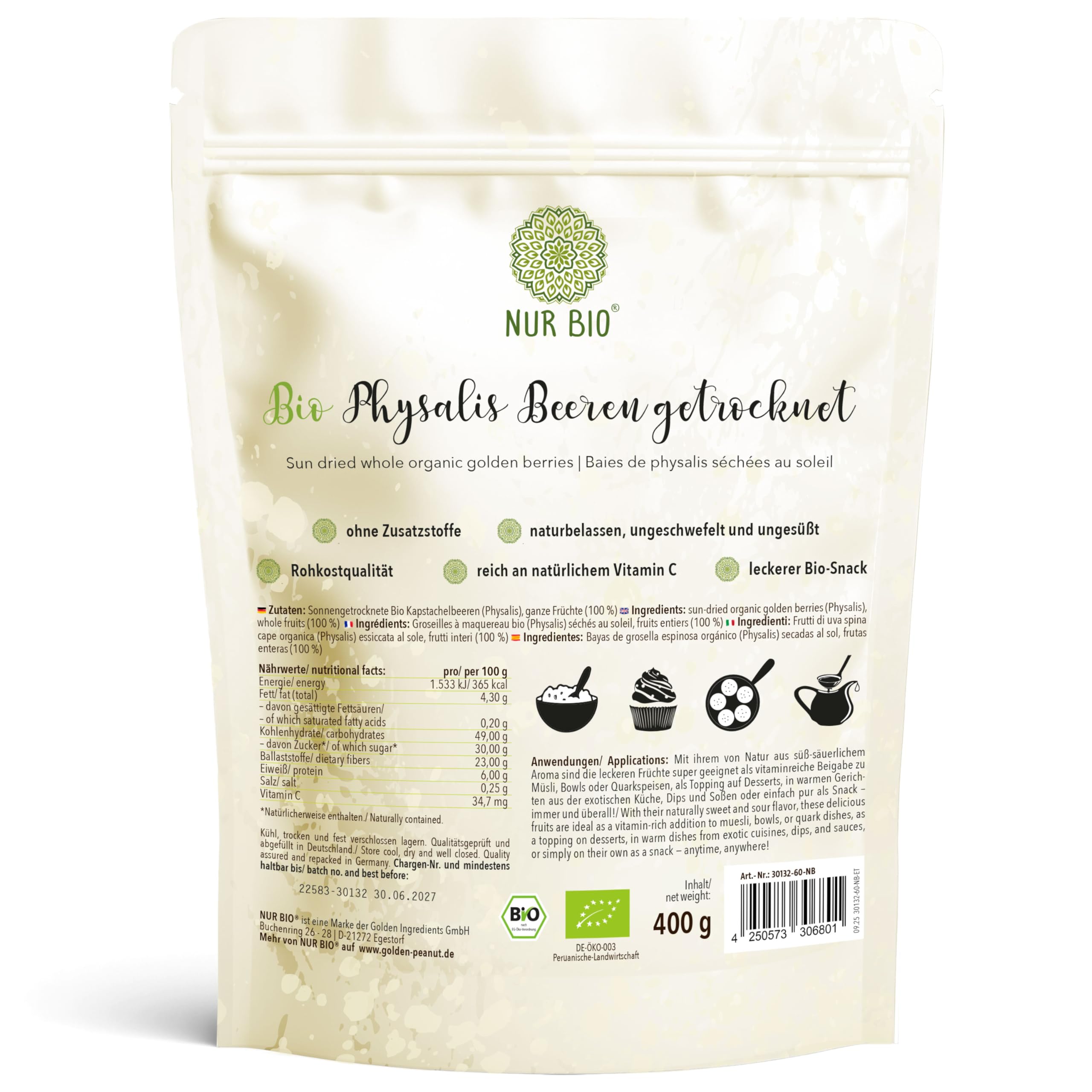 NUR BIO Physalis Beeren getrocknet 400 g, sonnengereifte Bio Andenbeeren, Inka Beere, ungeschwefelte, ungezuckert Superfood aus Peru