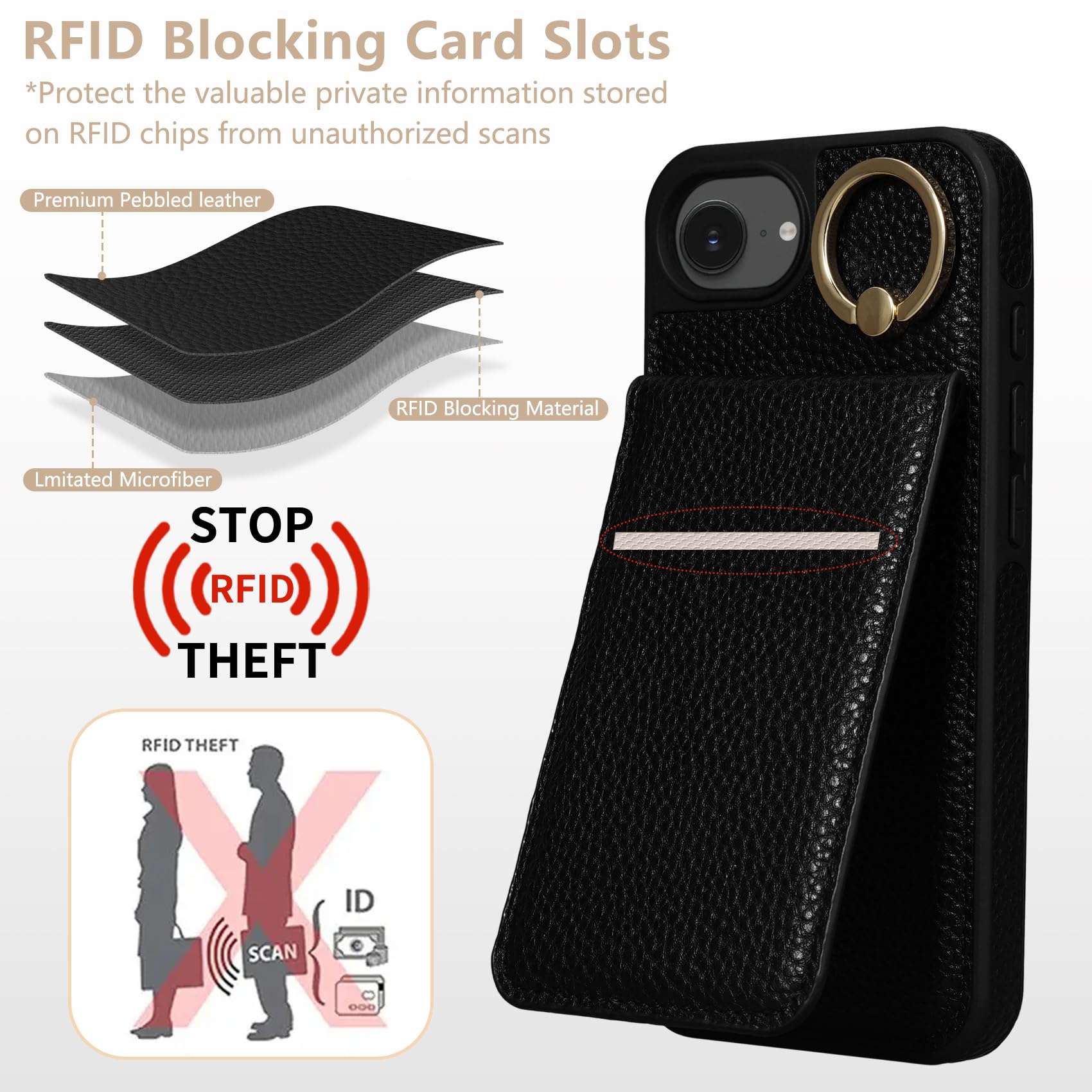 Keallce Case for iPhone 16e 6.1'', Detachable Crossbody Case Wallet with RFID Blocking Card Holder, 360?Ring Stand, Folio Leather Phone Cover Shoulder Lanyard Strap Lady for iPhone 16e 2025, Black