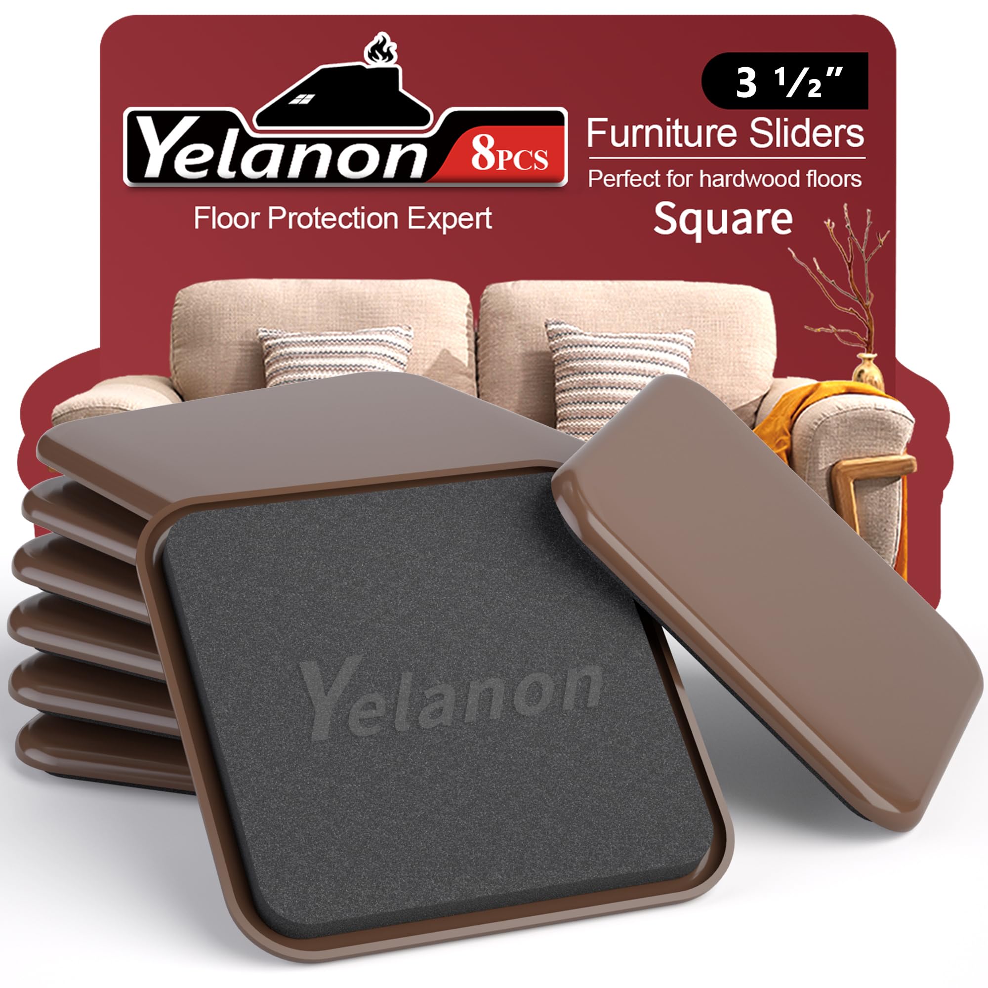 Yelanon8pcs-3 1/2” Square Furniture Sliders for Carpet Furniture Pads Hardwoods Floors, Heavy Duty Furniture Movers Sliders,Furniture Moving Pads,Brown