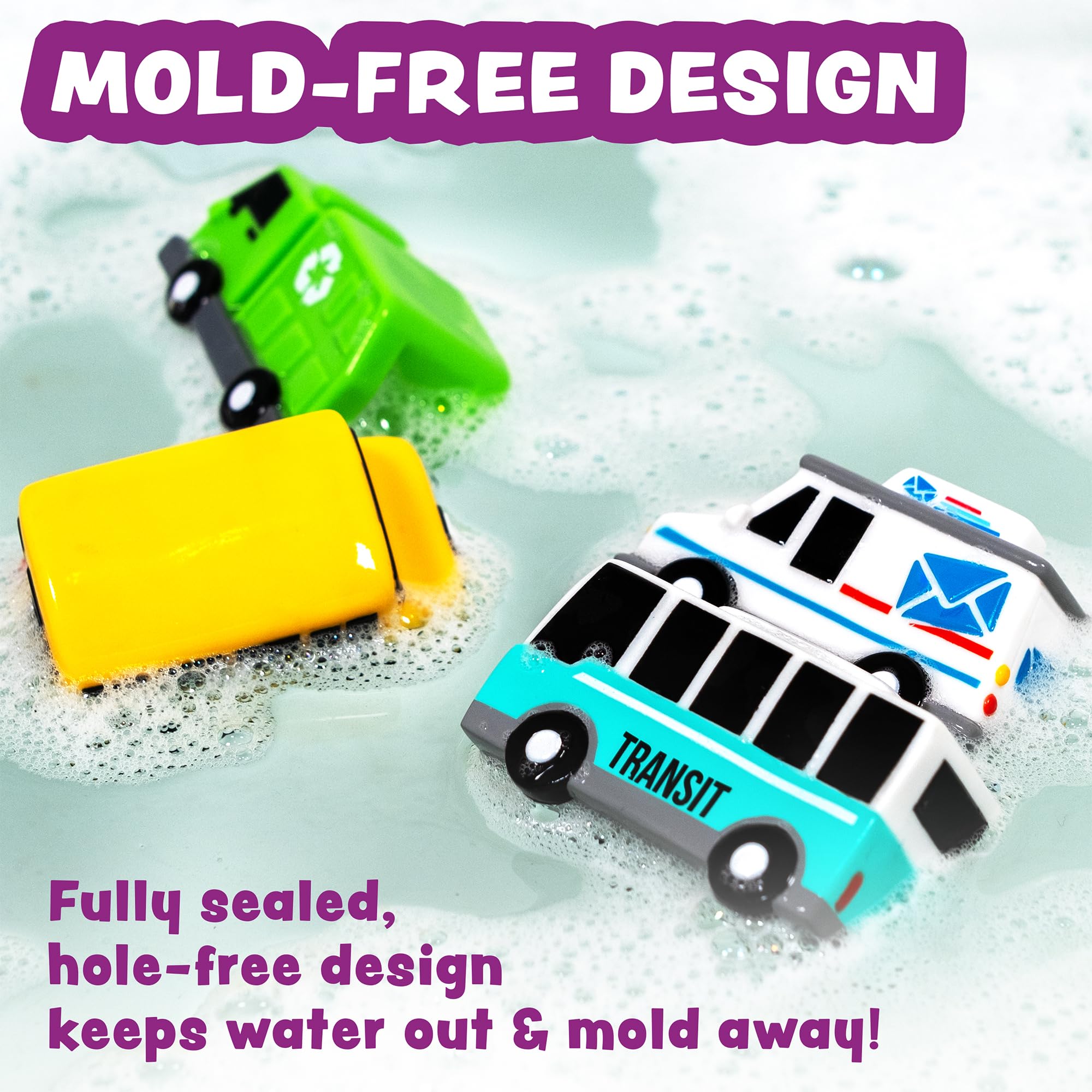 ® Vehicles™ - Juguetes de baño sin moho para coches de baño, paquete de 6, sellados, sin agujeros, diseño de juguetes de baño que mantiene la humedad fuera | Suave, exprimible y flota en el 4