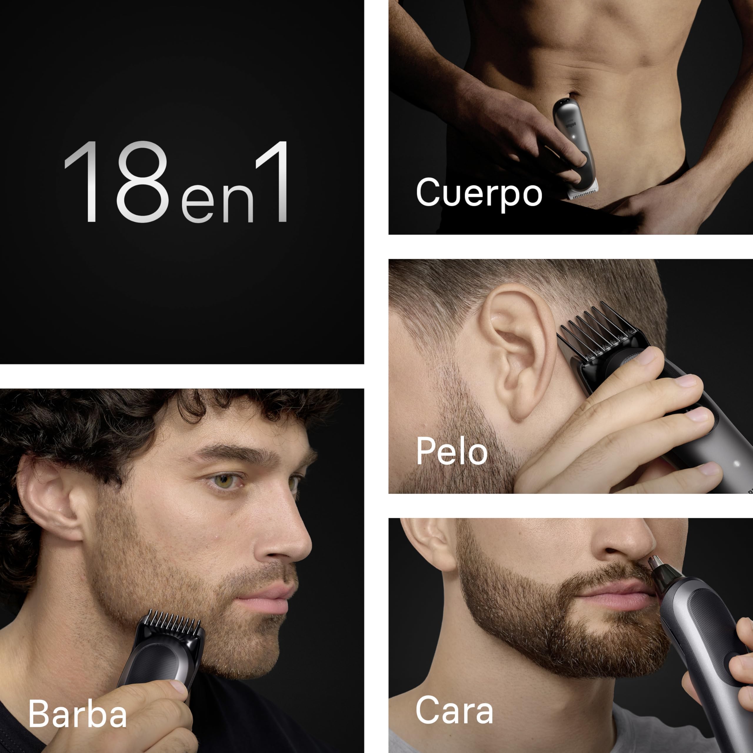 Braun Recortadora Todo en Uno Series 7 AIO7585, Gris - Kit de Styling 18en1 para Barba, Pelo, Orejas, Nariz Y Cuerpo, 120 Min de Autonomía, Cortapelos Hombre con Lámina Ultra Afilada