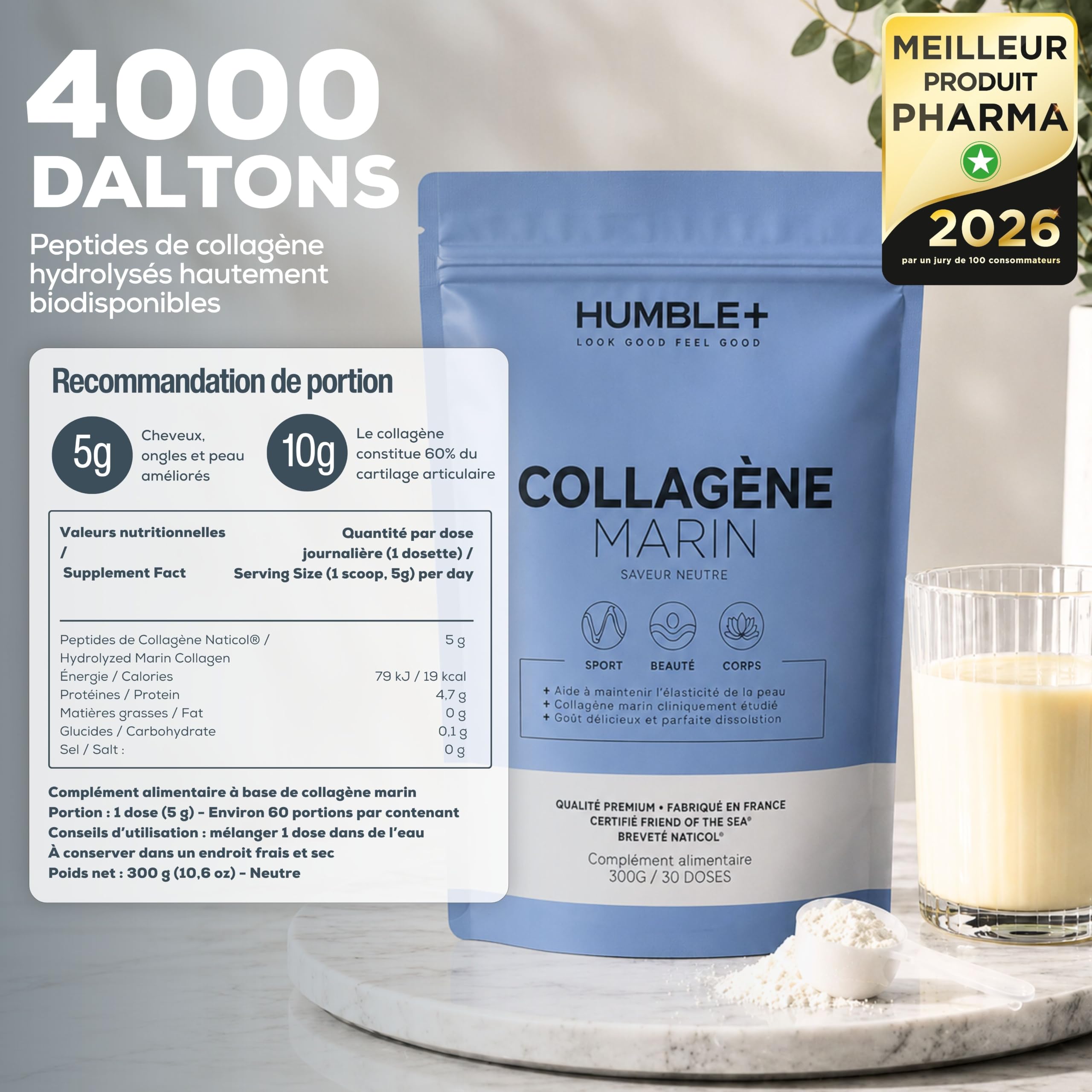 HUMBLE+ Collagène Marin Naticol® en Poudre Saveur Neutre - Peptides de Collagène Type 1-300 g - 60 Portions - Collagène Marin Français