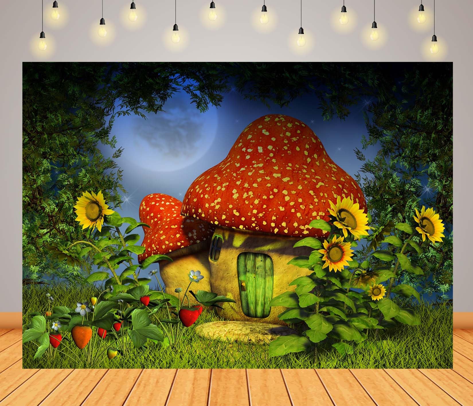 Tela 5,2x3m (17x10FT) Fondo Casa Hongo Hadas Bosque Encantado Girasoles para Cumpleaños Fantasía Niños Niñas