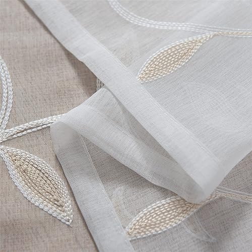 Miniatura 3 de VISIONTEX - Cortinas blancas de gasa traslúcida, decorativas, de lino sintético con hojas beige bordadas, bolsillo para barra, para la cocina, sala