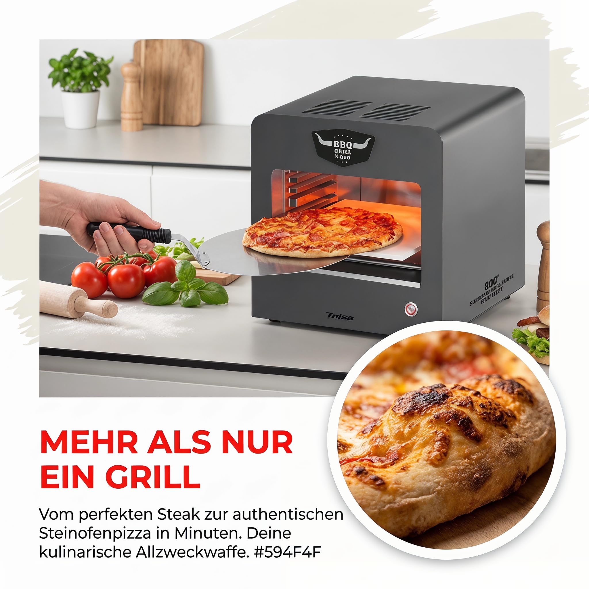 Trisa BBQ Grill X-800 2200W, 800°C Oberhitzegrill, Rauchfrei Indoor Outdoor | 2200W Halogen, 800°C Oberhitze, Pizzastein & Schaufel Inklusive; Grillrost, 2 Auffangschalen, Flaschenöffner