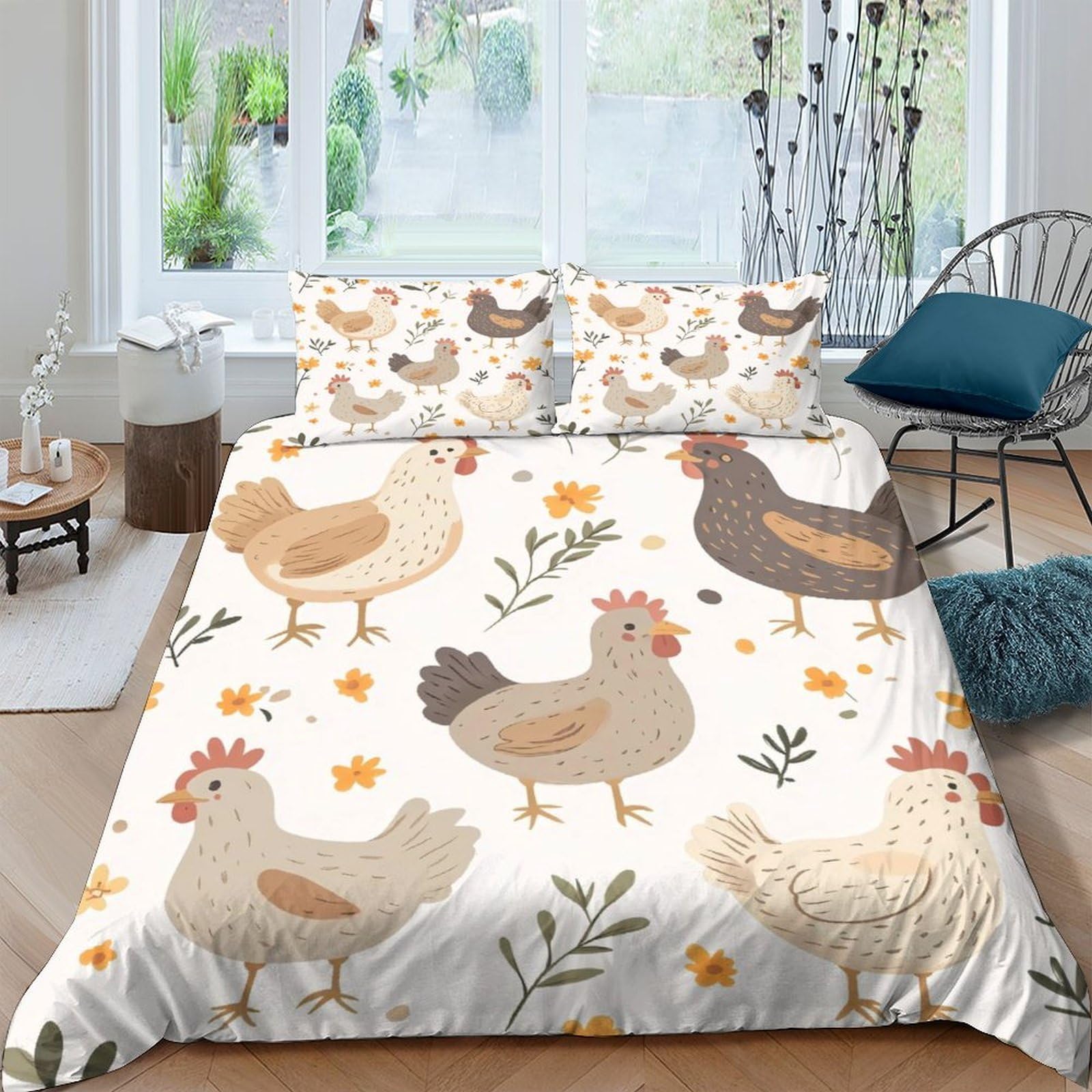 Parure de lit poule champêtre avec housse de couette 140x200cm