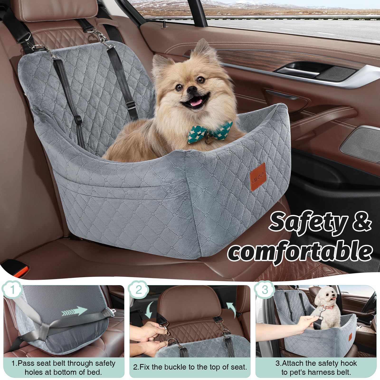 Lealchum Asiento de coche para perros medianos de hasta 35 libras, totalmente desmontable y lavable, fácil de instalar con correas ajustables, cama inferior antideslizante para mascotas, 2 bolsillos