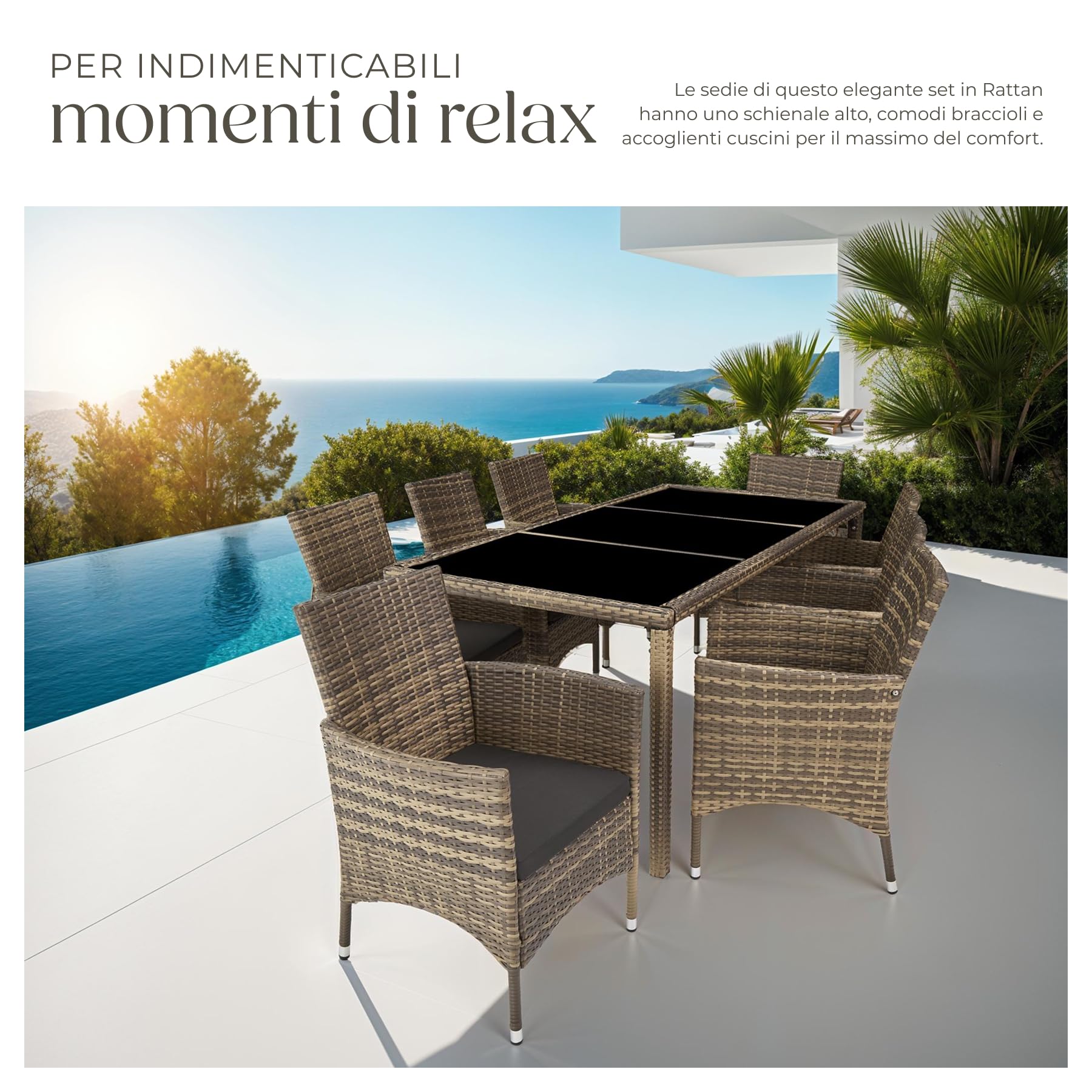 tectake® Set Mobili Giardino 8 Sedie 1 Tavolo Cuscini Morbidi Poli Rattan Naturale/Grigio Scuro