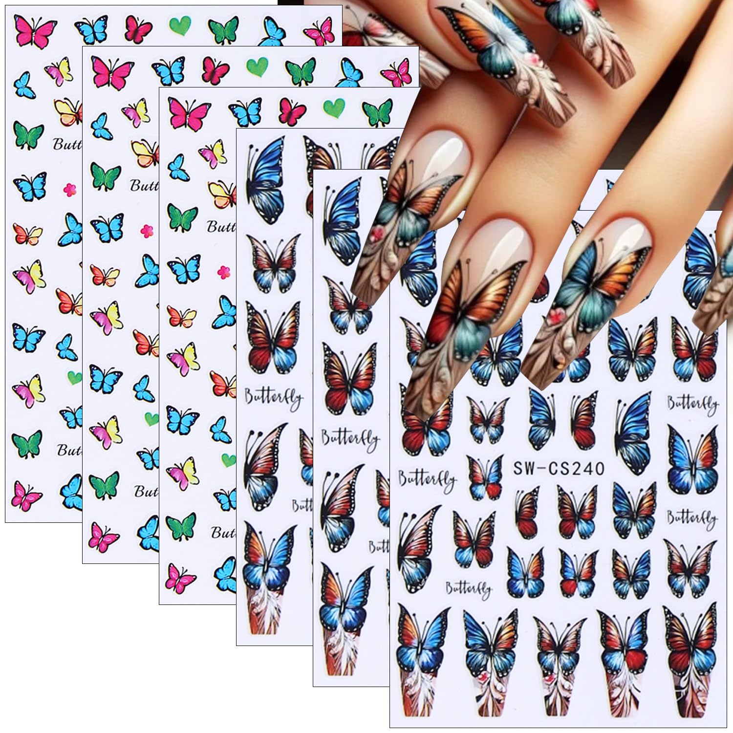 6 Sheets Butterfly Nail Stickers for Nail Art Spring Summer Butterflies Nail Art Stickers 3D Self Adhesive Colorful Butterfly Nail Decals Design