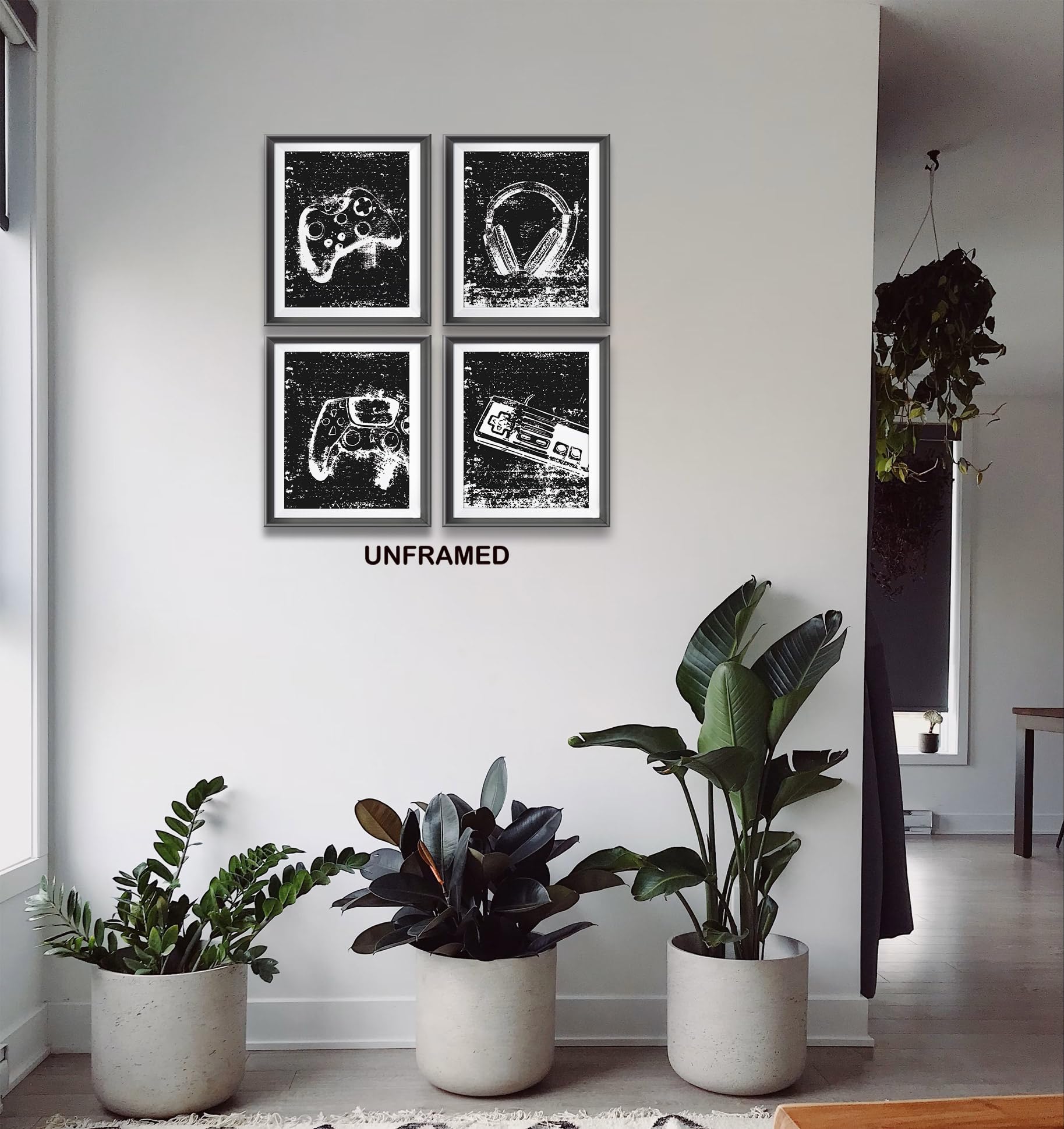 Juego de 4 pósteres de videojuegos retro sin marco para decoración del hogar, habitación de niños, sala de juegos, decoración de videojuegos en blanco y negro, arte de pared, regalo para niños gamers