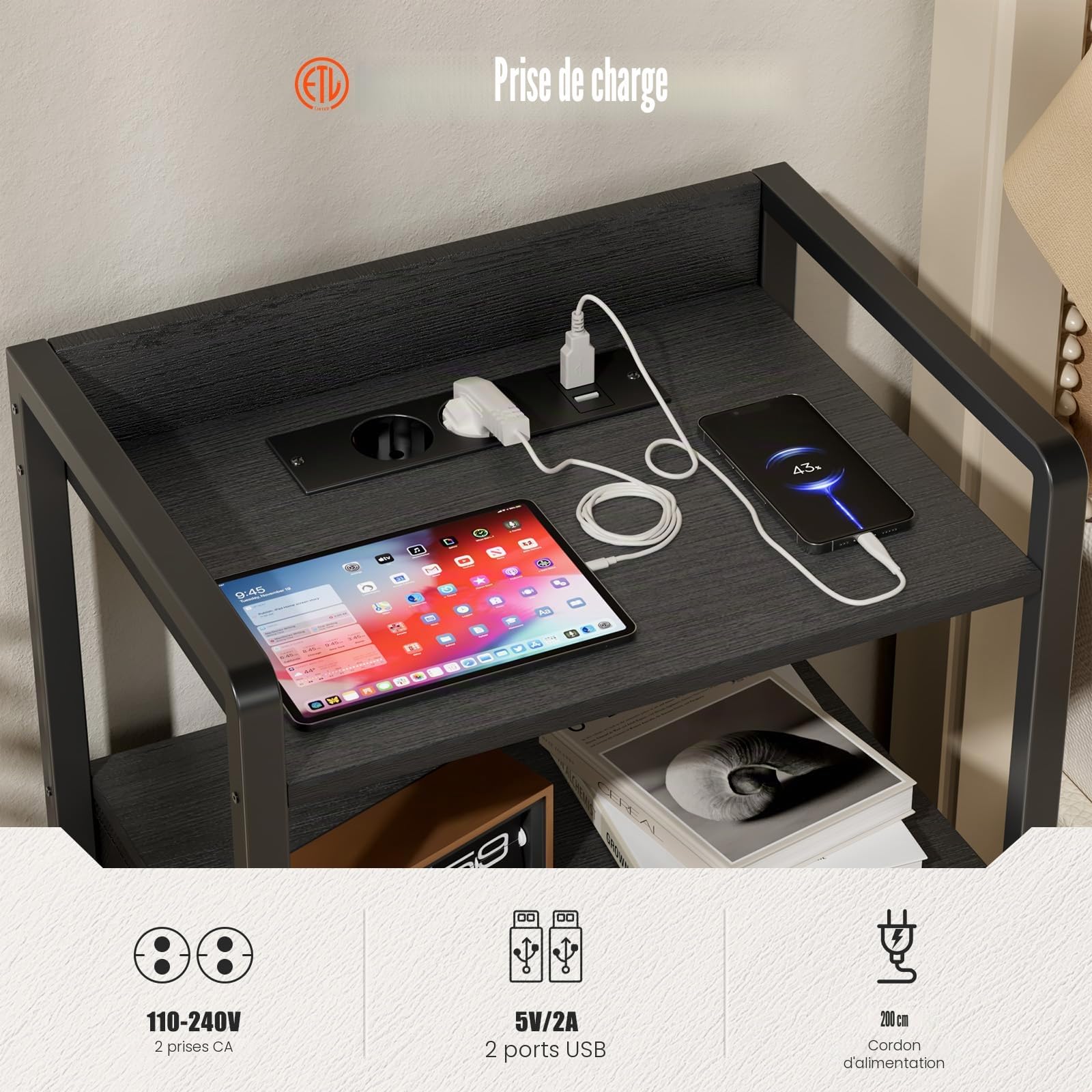 YOUDENOVA Table de Chevet Lot de 2, Couleur et Mode d'Éclairage LED Réglables, Table de Nuit avec Prise Intégrée, 2 Tiroirs et 2 Étagères Ouvertes pour Chambre à Coucher, Moderne, Noir