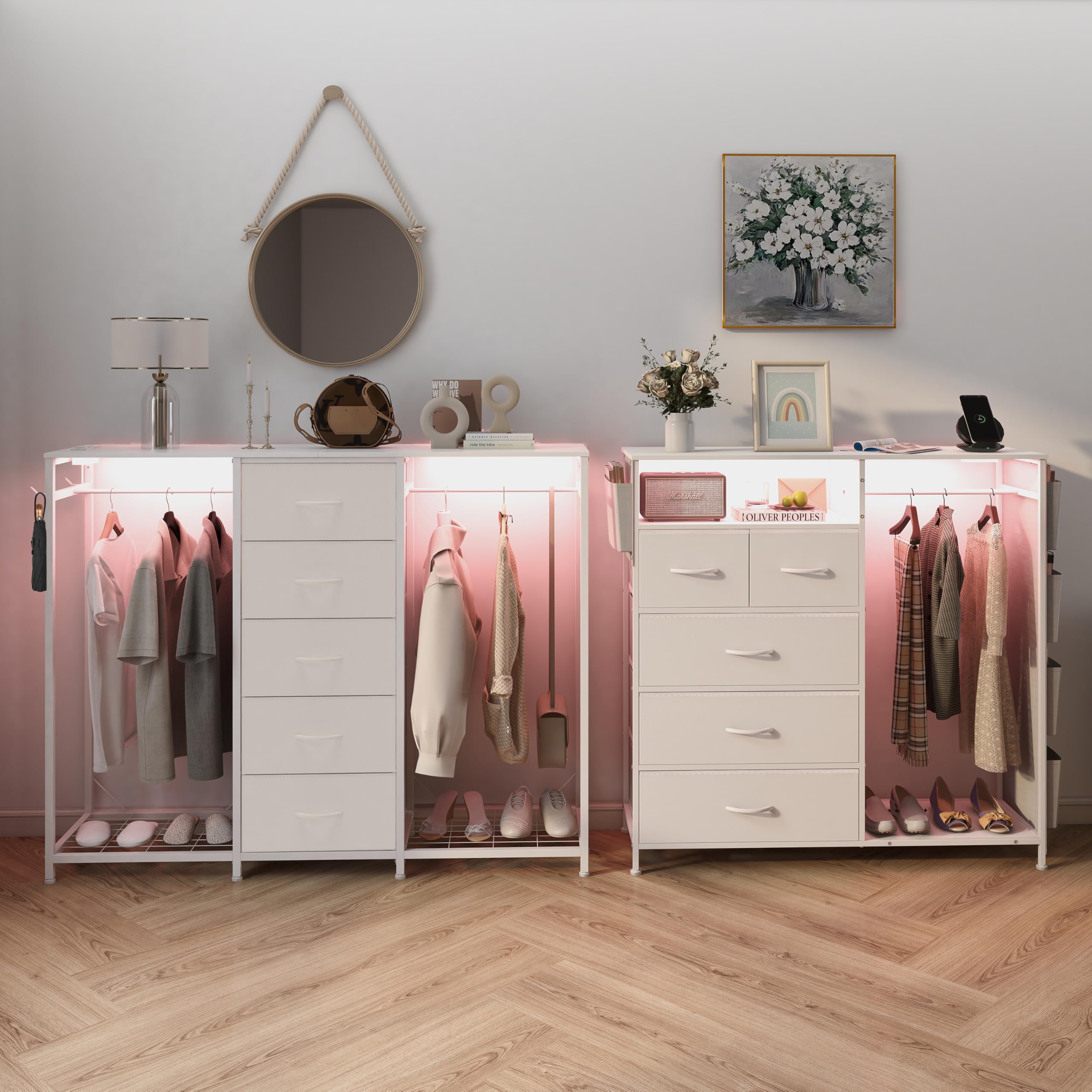 Cómoda para dormitorio con perchero, cómoda de 5 cajones con estación de carga, luces LED, cómoda blanca, estante flexible y espacio de almacenamiento abierto para dormitorio, sala de estar 6
