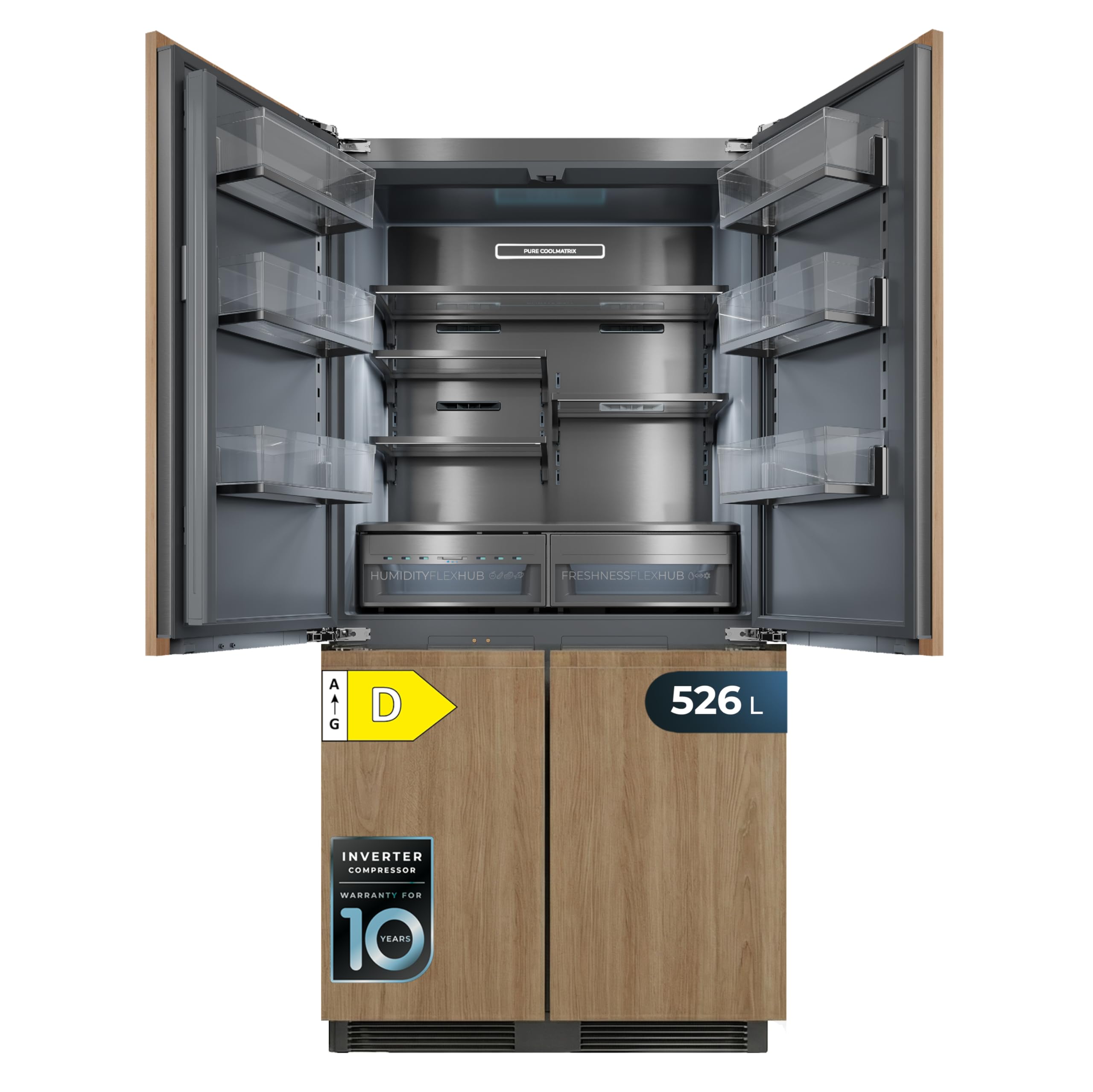 Cecotec Frigoríficos 4 Puertas Integrable Total No Frost de 526L Bolero CoolSilver 4D BI 526 Elite D. 200 cm de Alto, 57 cm de Ancho, Clase D, Pure CoolMatrix, Freshness Flex HUB, CryoFreeze HUB