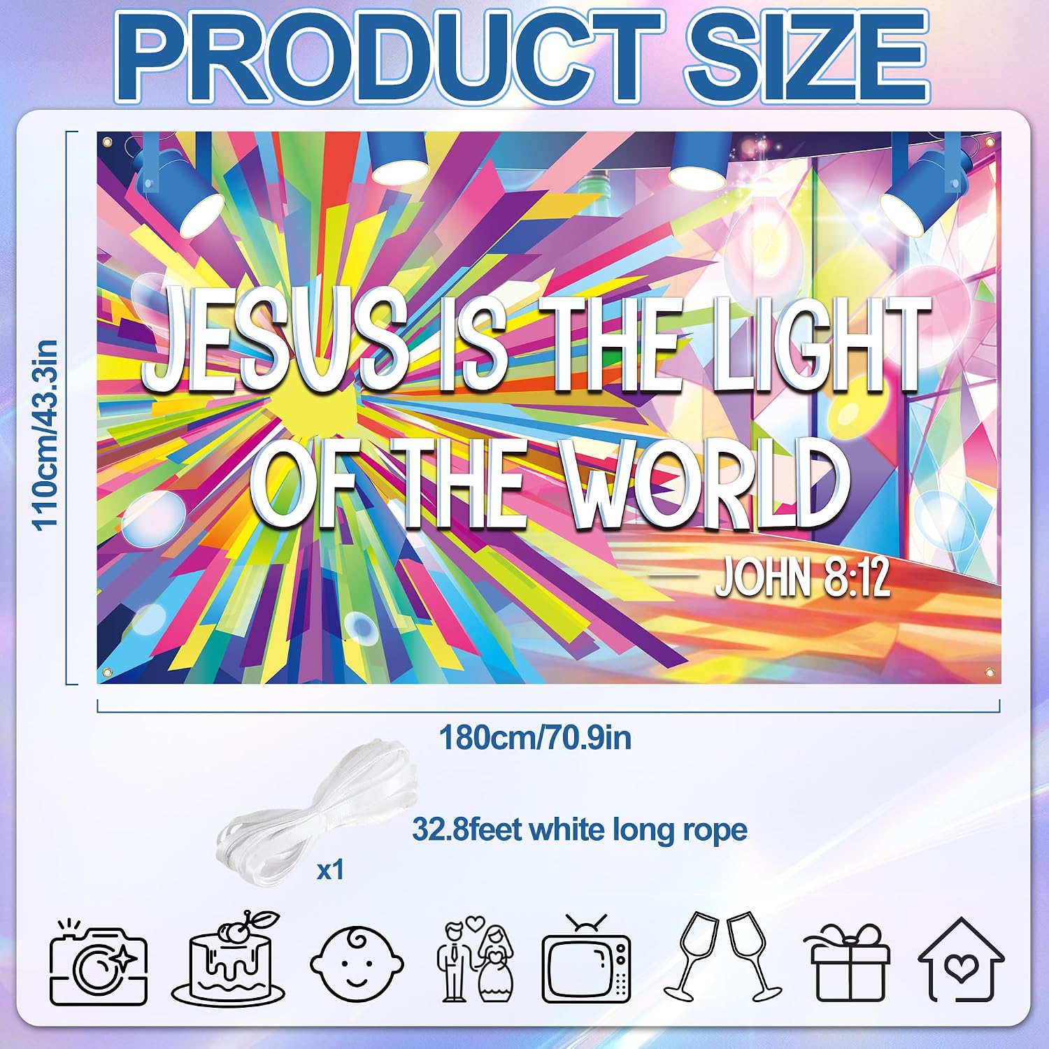 VBS 2026 Backdrop Jesus is The Light of The World Hanging Banner Bible Verse Photography Background Colorful Stage Light Photo Booth Prop for Church Vacation Bible School Christian Party Decoration