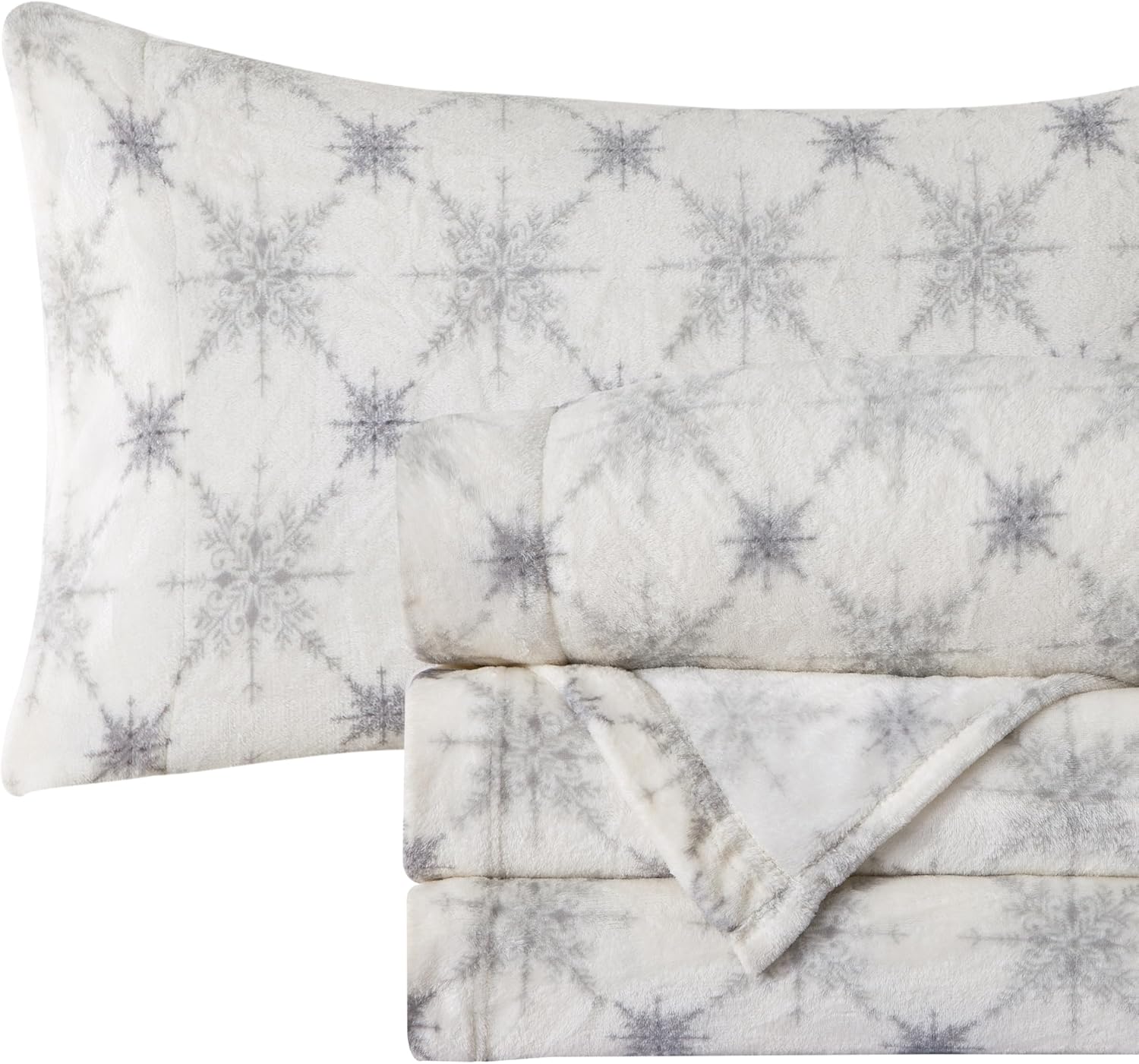 Elegant Comfort Luxuriously Soft 4-Piece Holiday Velvet Plush Flannel Sheet Set - Premium Quality - Cozy Warm, Christmas Fuzzy Velvet Flannel Fleece Deep Pocket Sheet Set - Queen, Beige Snowflake