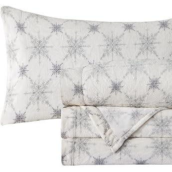 Elegant Comfort Luxuriously Soft 4-Piece Holiday Velvet Plush Flannel Sheet Set - Premium Quality - Cozy Warm, Christmas Fuzzy Velvet Flannel Fleece Deep Pocket Sheet Set - King, Gray Snowflake