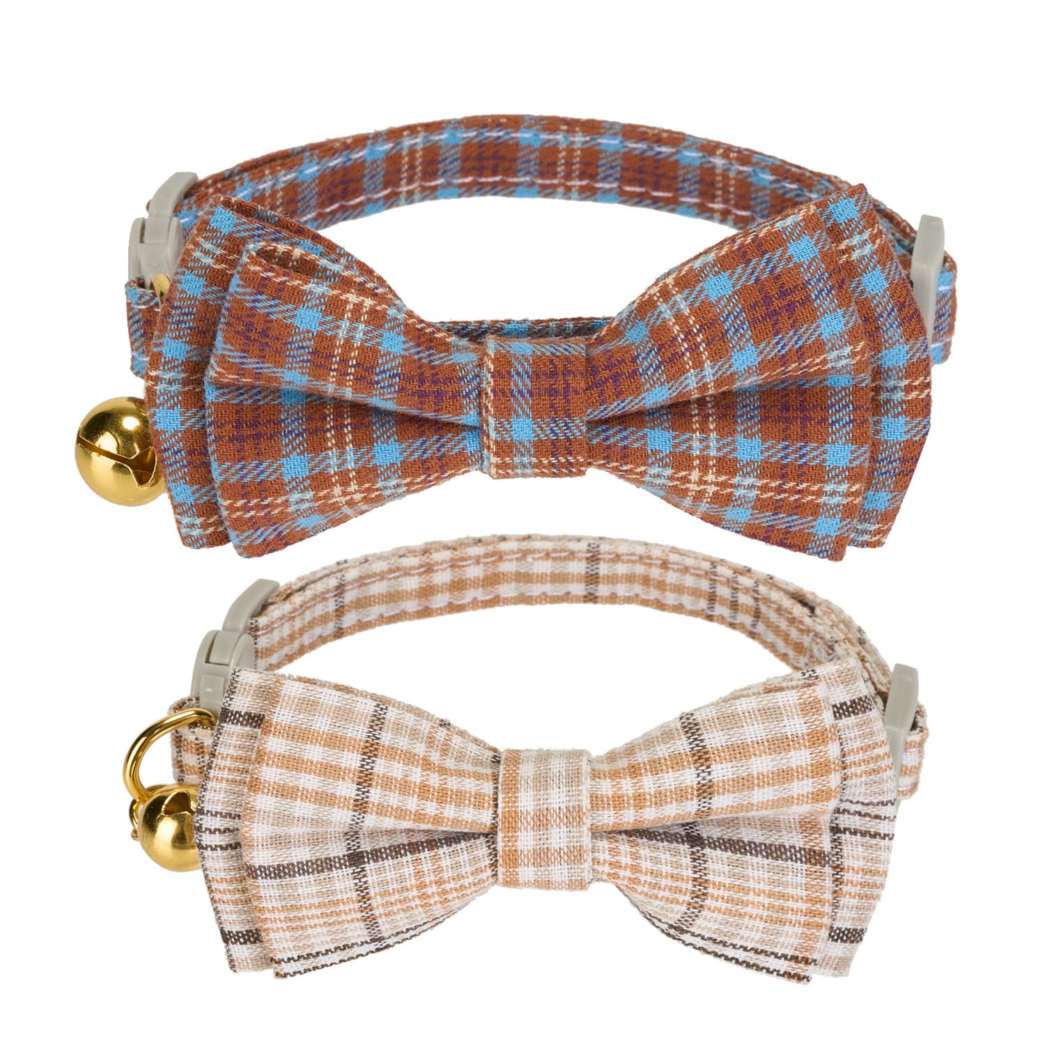 YUDOTE Plaid Bow Tie Cat Collar (2 Pack) - Adjustable Breakaway Safety Collar with Bell, Classic Tartan Design for Cats/Kittens (Beige& Amber) — image 1