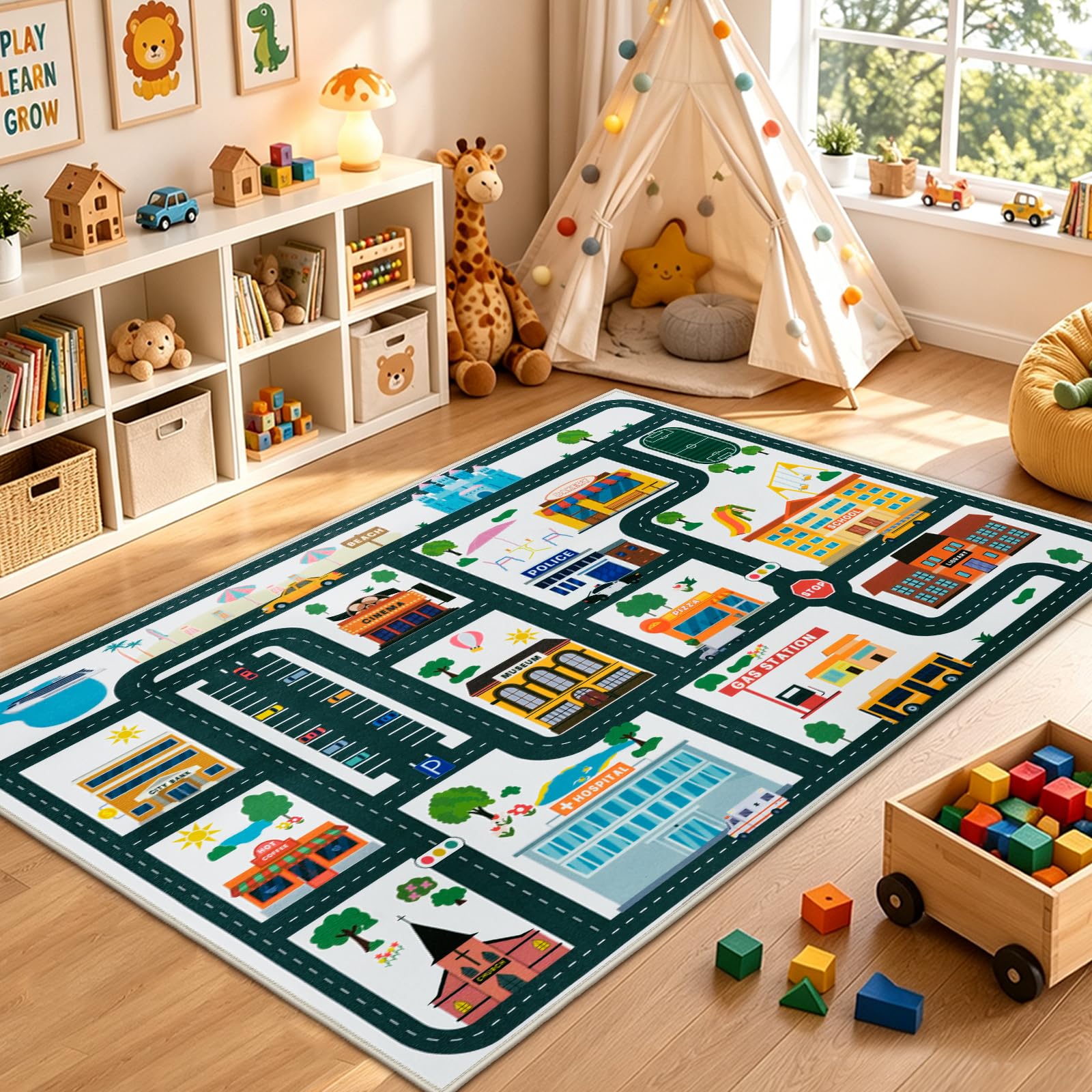 Capslpad Tapis de jeu éducatif et amusant - Vert - 152 x 198 cm (Rectangulaire) - Tapis de salle de jeux pour enfants - Tapis de jeu routier lavable