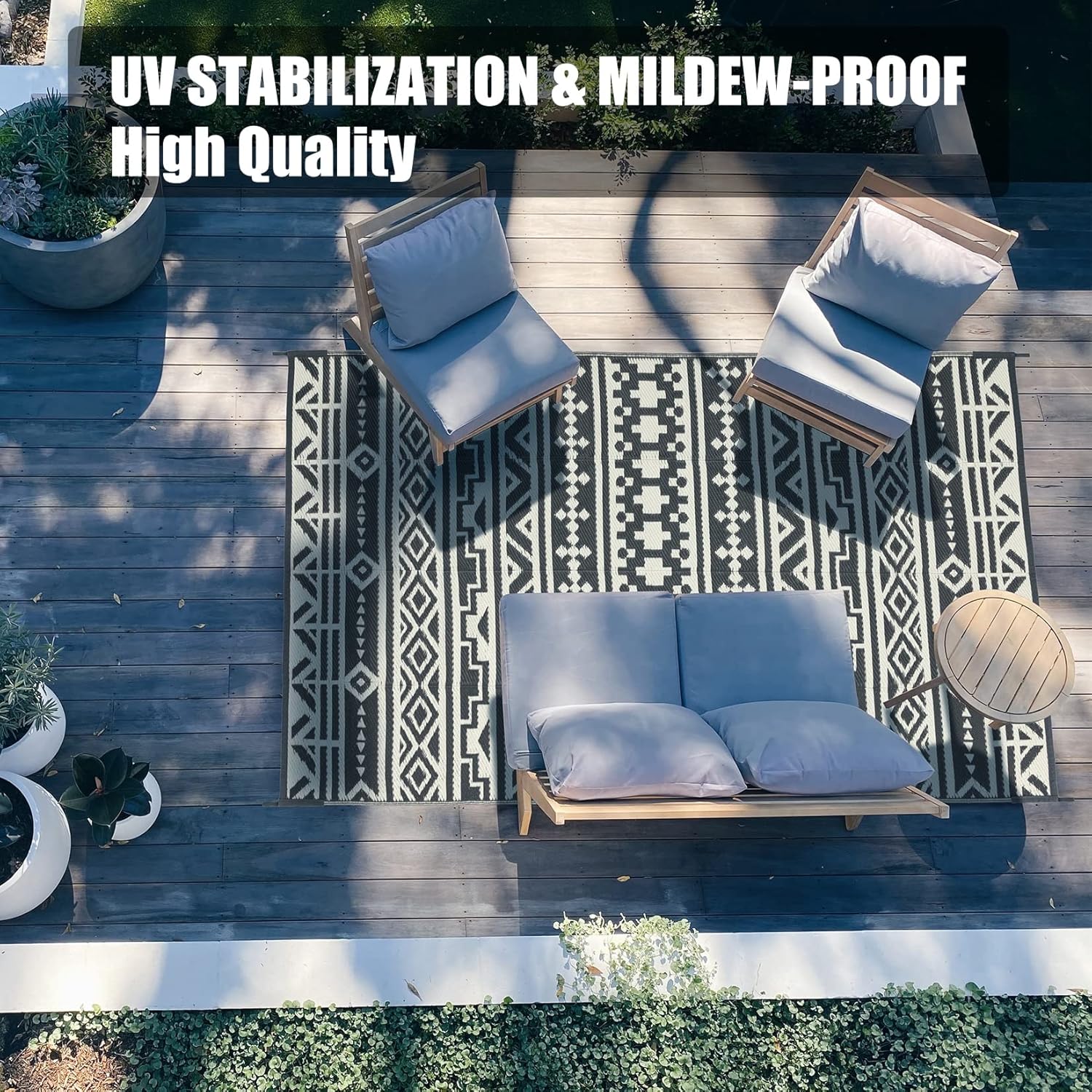 HUGEAR Outdoor Rug, Large Waterproof Outdoor Area Rug, Reversible Portable Outdoor Plastic Straw Carpet for RV Deck Camping Front Door Indoor Outside Porch Picnic (5x8ft Geometric Boho Grey&White) : Patio, Lawn & Garden