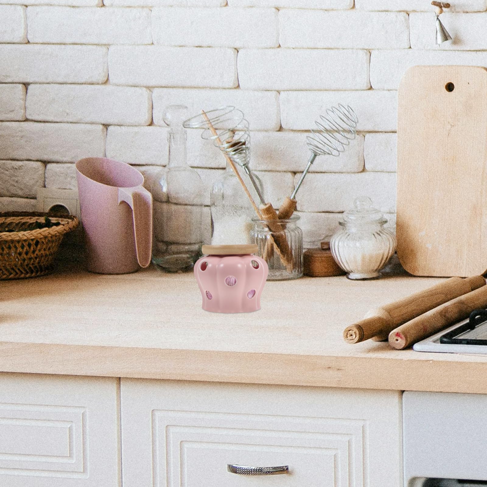 OSALADI Recipiente de Cerámica Tapa Ventilada Gran Capacidad Fácil de Limpiar para Almacenamiento de Ajo y Jengibre Adecuado para Accesorios de Cocina Hogar