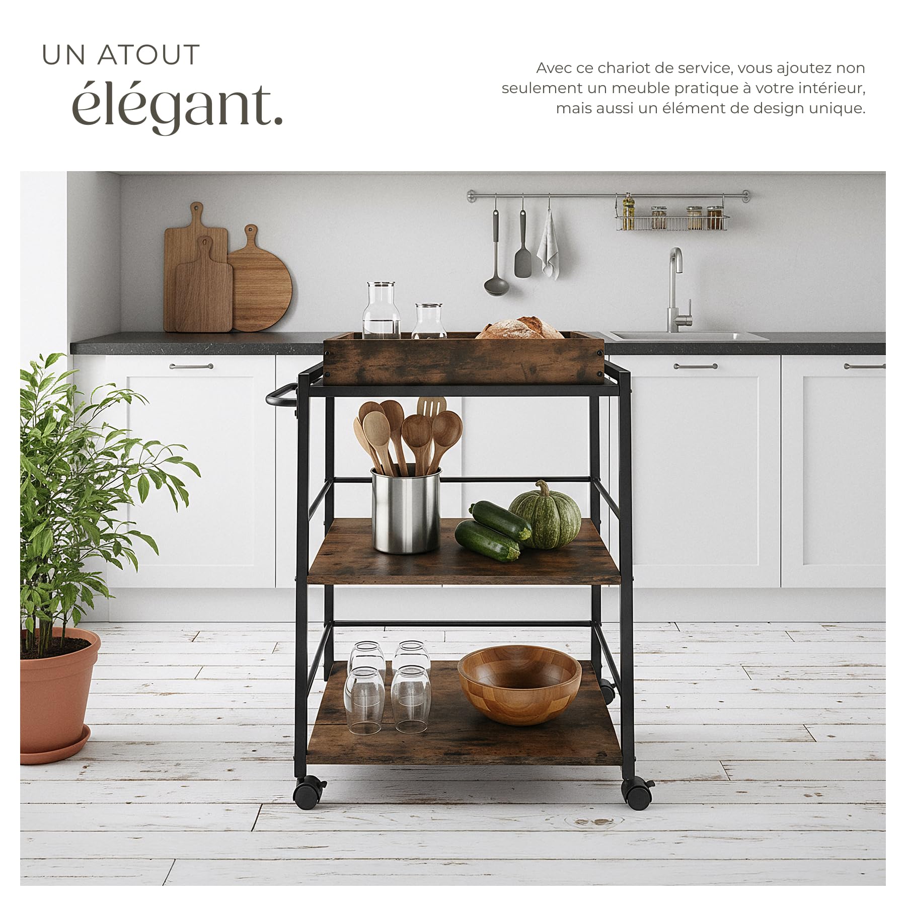 tectake® Chariot de Service Style Industriel, Desserte à roulettes 65 x 41,5 x 87 cm, Chariot Cuisine avec Plateau Amovible, roulettes pivotantes à Frein, Meuble Cuisine, Meuble Rangement, Bois foncé