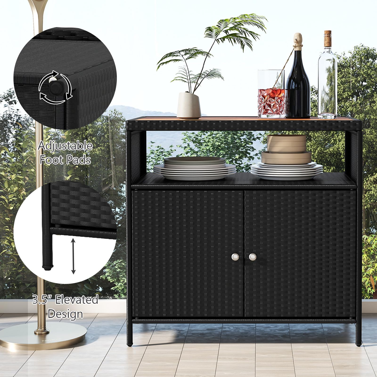 GIANTEX Armoire de jardin buffet en rotin avec plan de travail et étagère, armoire d'appoint pour jardin, balcon et piscine, 90 x 53 x 86 cm, noire