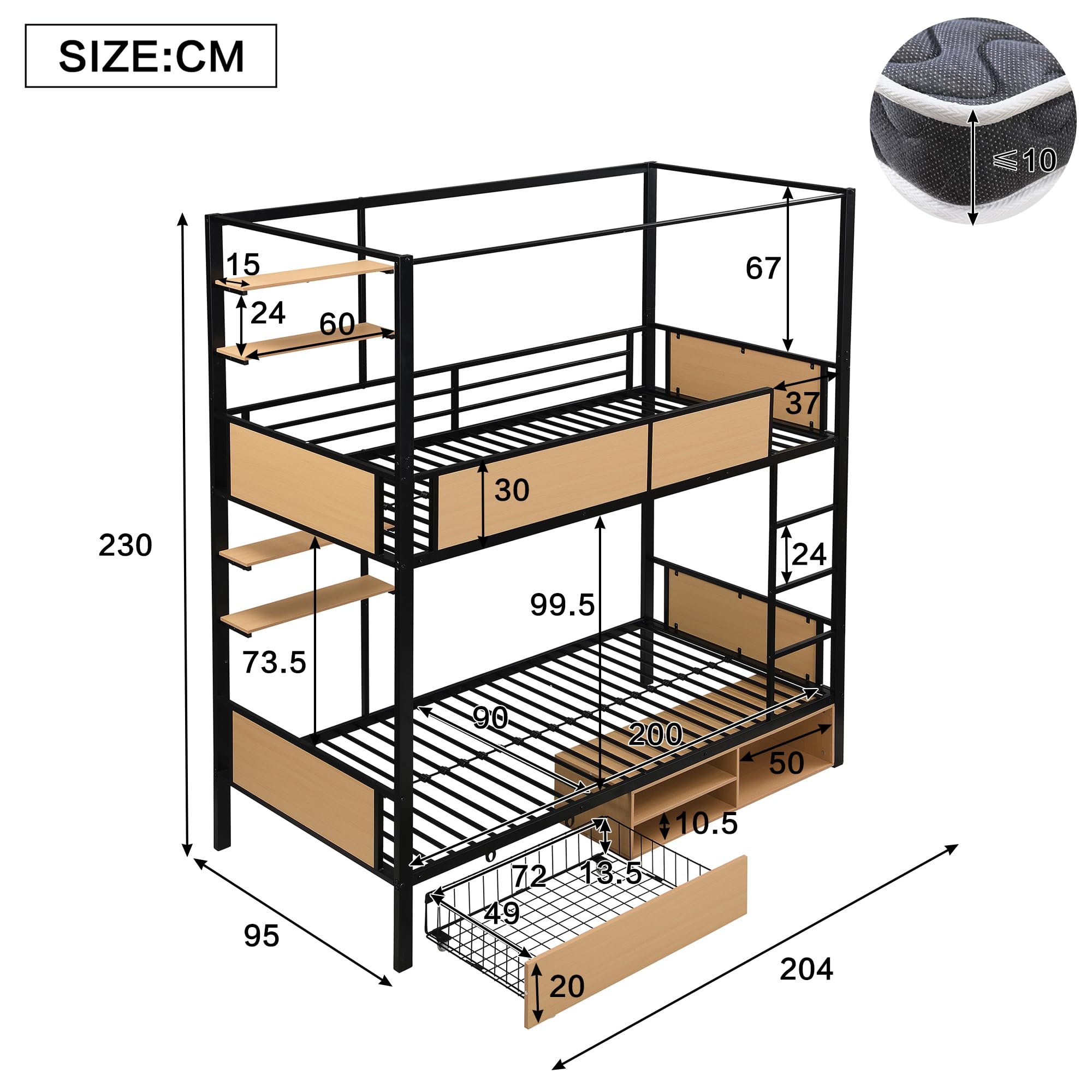 Łóżko piętrowe 90 x 200 cm, łóżko dziecięce z balustradą i drabinami, metalowe łóżko z miejscem do przechowywania, łóżko piętrowe, rama łóżka, łóżko dla dzieci, dziewcząt, młodzieży (bez