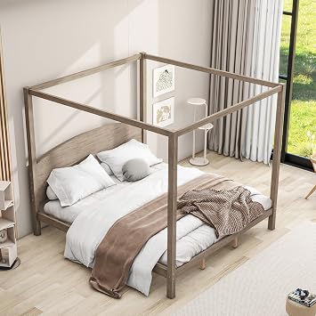 King Size Canopy Platform Bed with Headboard and Support Legs,Solid Wood King Bed Frame, for Kids Teens Adults, No Box Spring Needed Brown-08