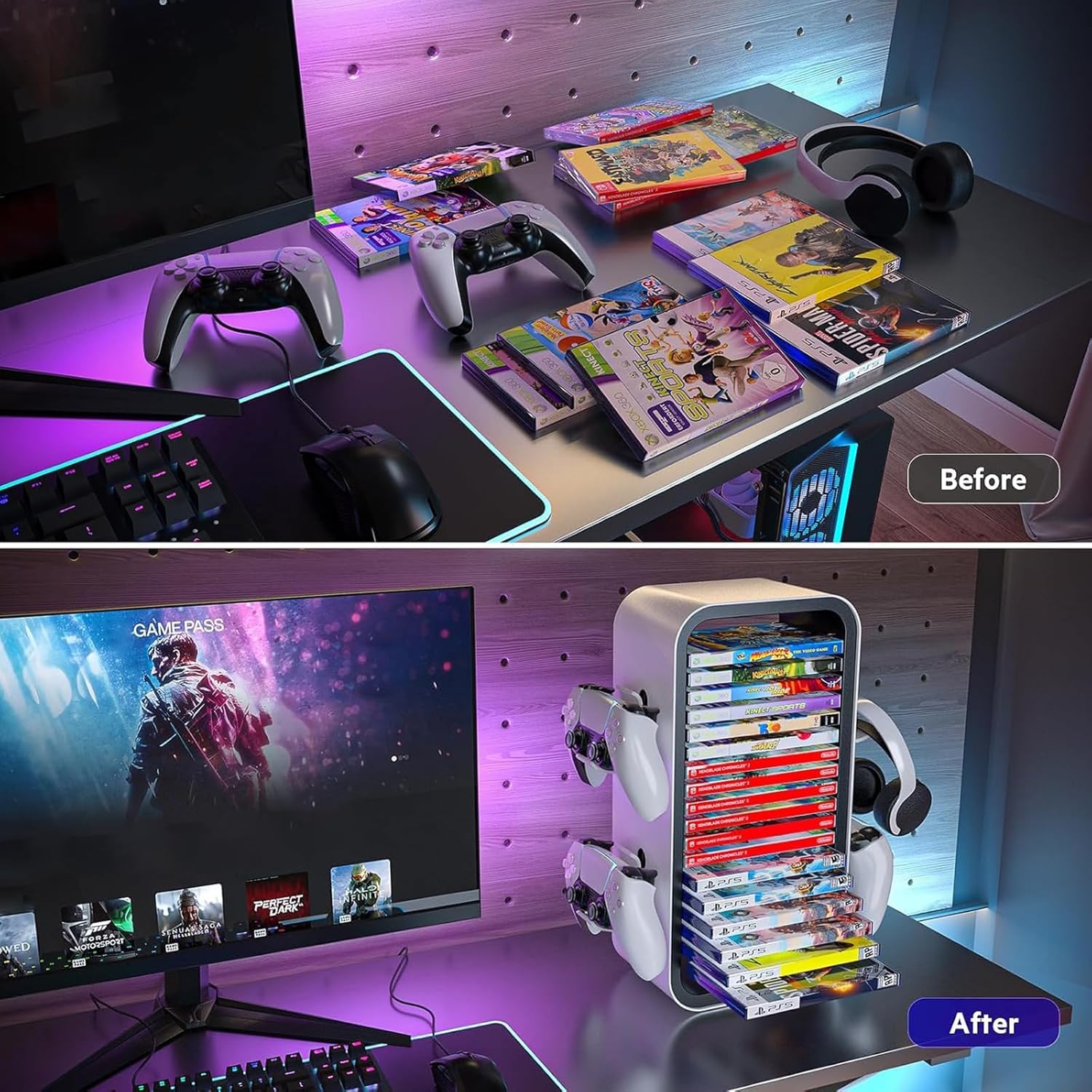 Gamestorage Tower Universal Gaming Disc Organizer Storage 18 Games with 4 controller holders for PS5/PS4/Xbox One/Xbox Series S&X/Nintendo