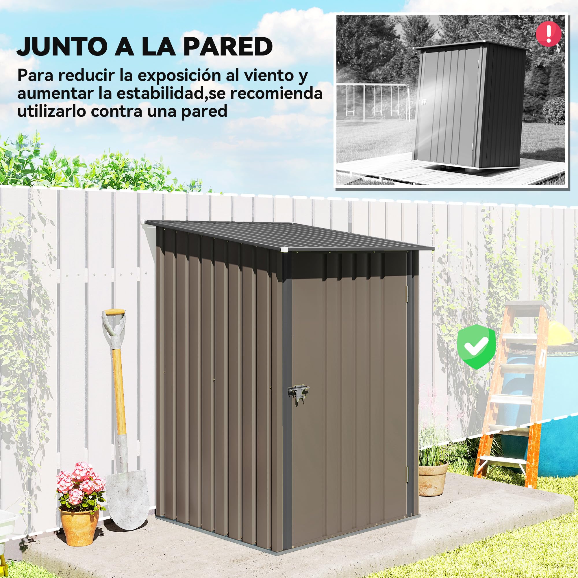 Outsunny Cobertizo de Jardín Exterior 0,92 m² 100x103x160 cm Caseta de Jardín Exterior Metálica con 1 Puerta y Cerradura para Almacenamiento de Herramientas para Patio Terraza Marrón — view 5