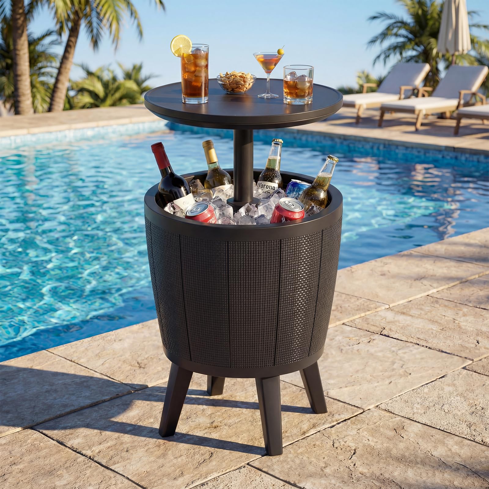 COSTWAY 2 in 1 Tavolino Frigo 38L da Esterno, Secchiello Ghiaccio Regolabile in Altezza 49 x 59-84H cm, Tavolo Bar con Tappo di Drenaggio, per Piscina, Cortile e Campeggio (Nero)