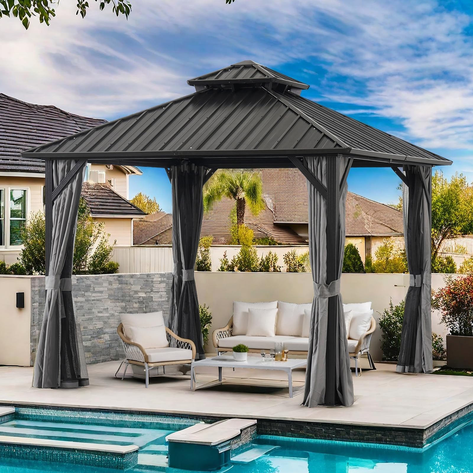 10 * 10FT Gazebo with Galvanized Steel Double Top Canopy, Aluminum Frame Outdoor Permanent Hardtop Gazebo for Patio, Garden, Backyard