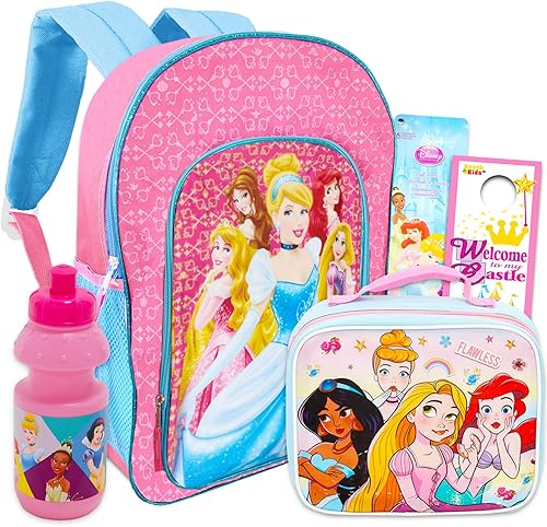 Disney Juego de mochila y lonchera de princesa para niñas, paquete con bolsa escolar de princesa, bolsa de almuerzo, calcomanías y botella de agua