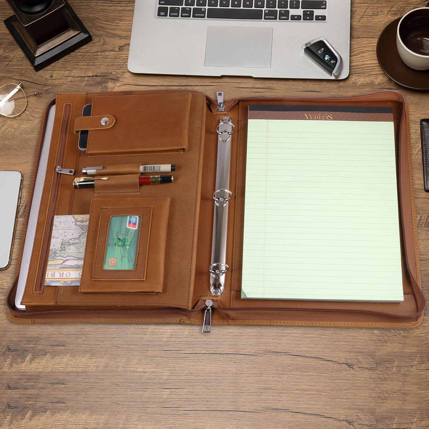 Funda profesional de cuero para negocios, carpeta de 3 anillas, organizador de documentos de negocios con cremallera, funda para tablet, con bloc de notas tamaño carta (versión mejorada marrón)