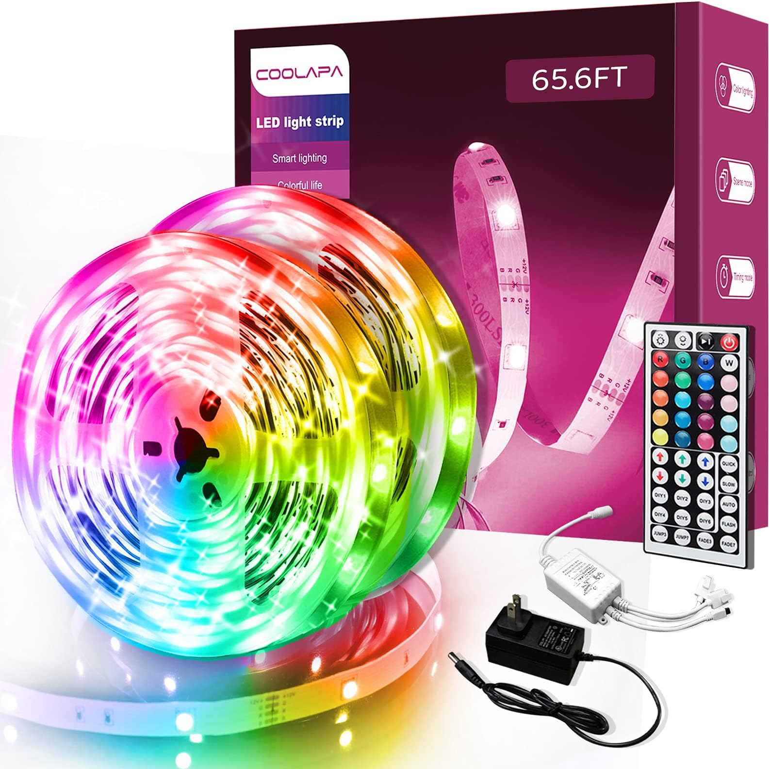 65.6ft Led Strip Lights, COOLAPA Long Light Strips Color Changing LED Light Strips with 44 Keys IR Remote Control, 12V 5050 RGB, for Bedroom, Home Kitchen, Holiday Decoration, 2 Rolls of 32.8ft