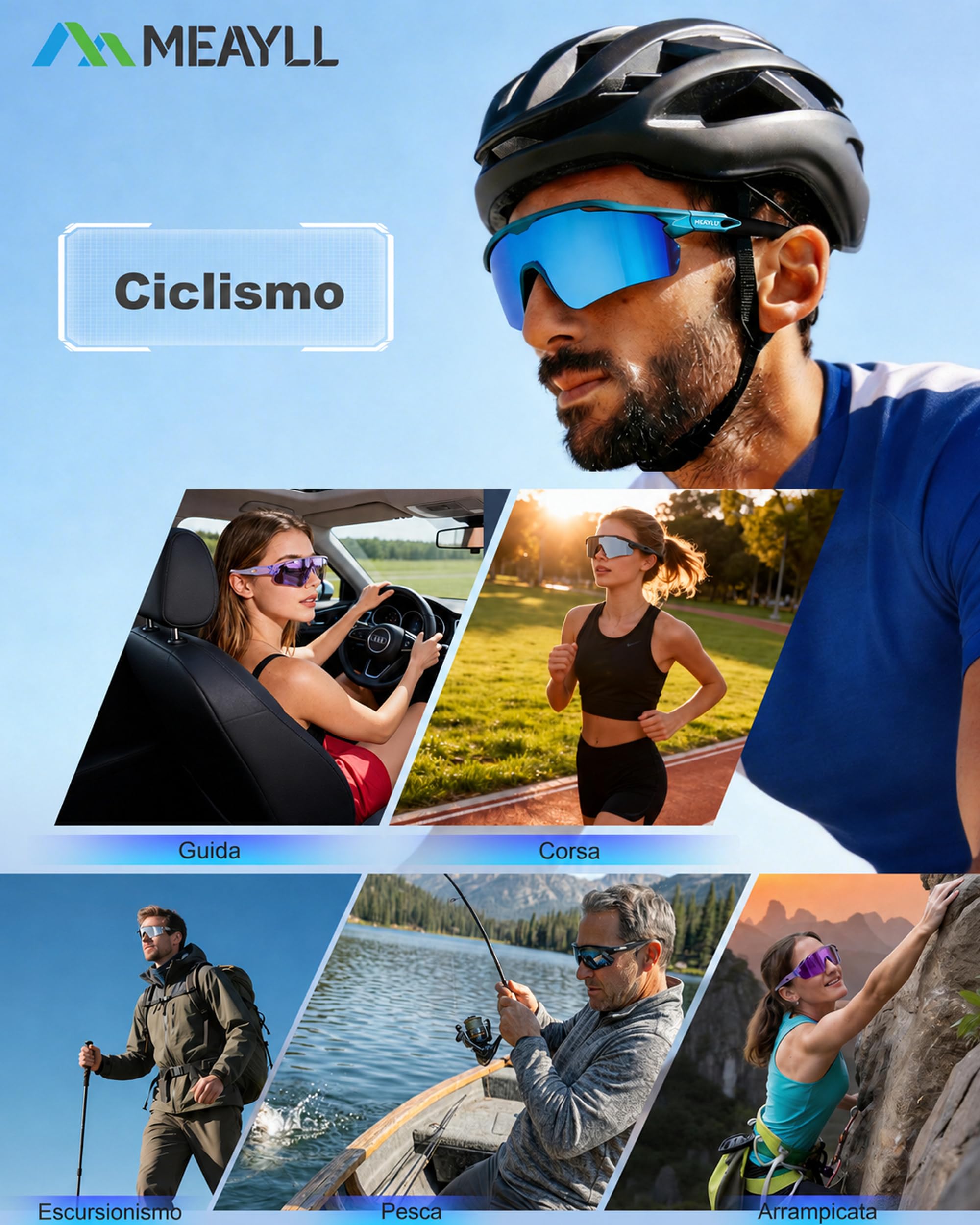 Occhiali Ciclismo Uomo Donna, Anti-UV400, Occhiali da Sole, Occhiali Running Sportivi TR90 Ultraleggeri 29g, Occhiali veloci Naselli e Aste Regolabili per MTB Bici Sport Outdoor