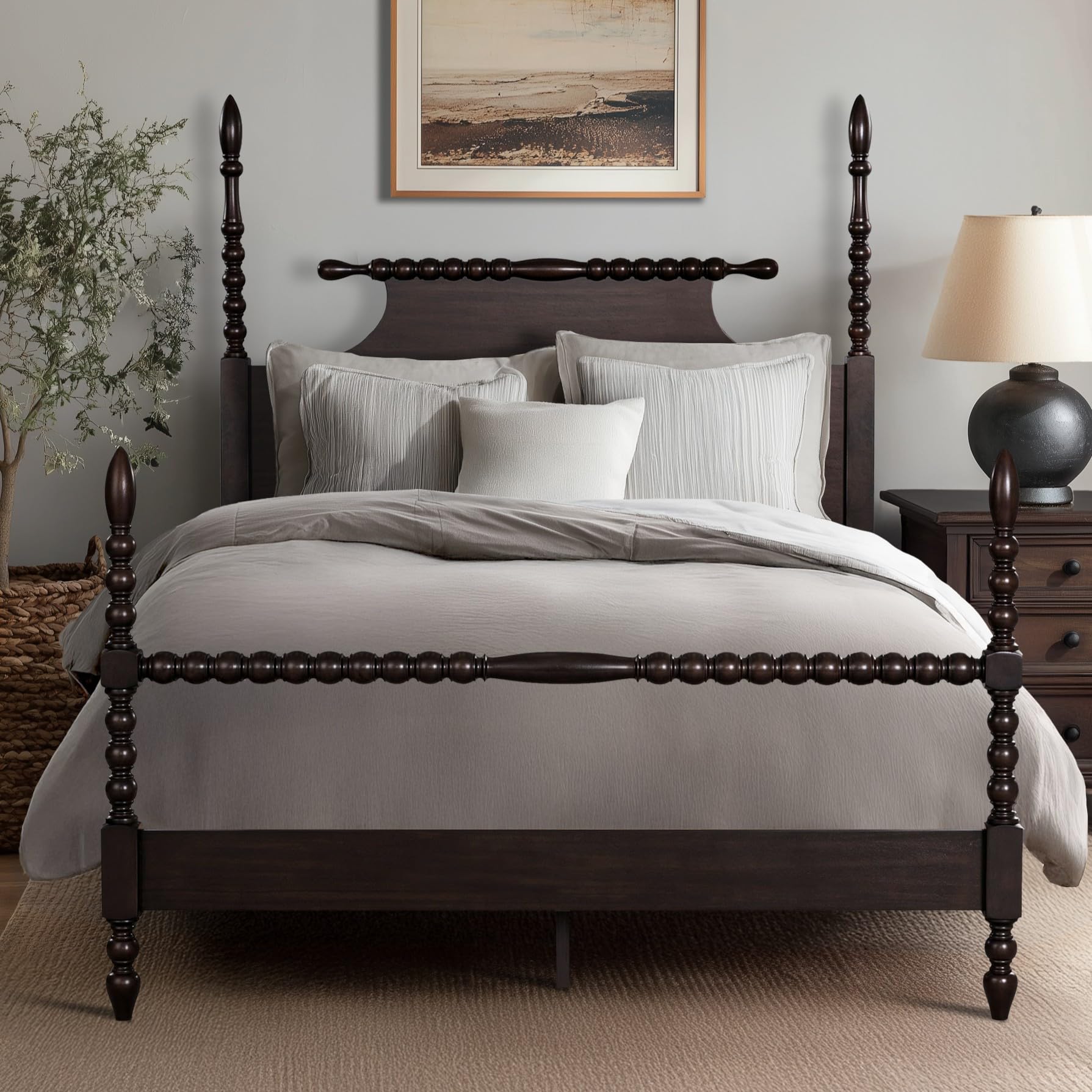 Solid Wood Poster Bed, Full Size Farmhouse Transitional Spindle Bed Frame with Finials, No Box Spring Needed, Underbed Storage, Morocco Brown, Incomplete Box 1 of 3 Only! 