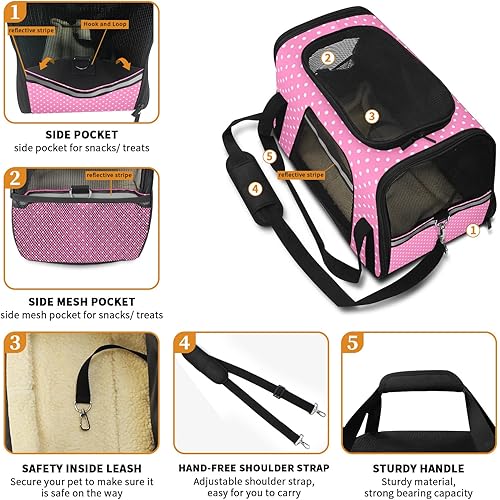 Miniatura 6 de Bolsa transportadora de mascotas para gatos, perros y cachorros, cómoda bolsa portátil para mascotas, impermeable y duradera, lunares rosados