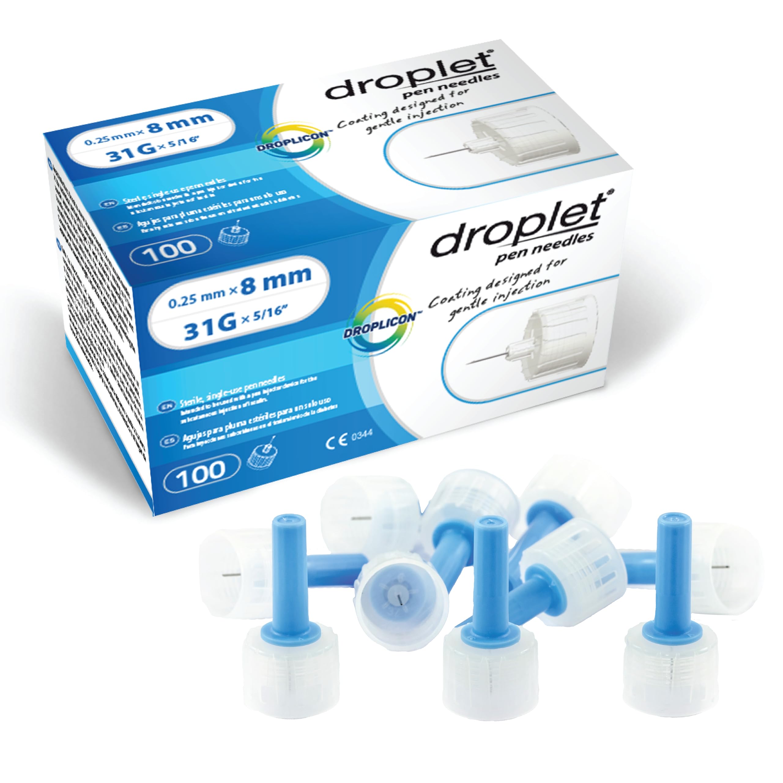 Droplet Pen Needles, 31G 8mm, Diabetic Needles for Insulin Injections, 100ct Box, Compatible with Most Pen Injectors
