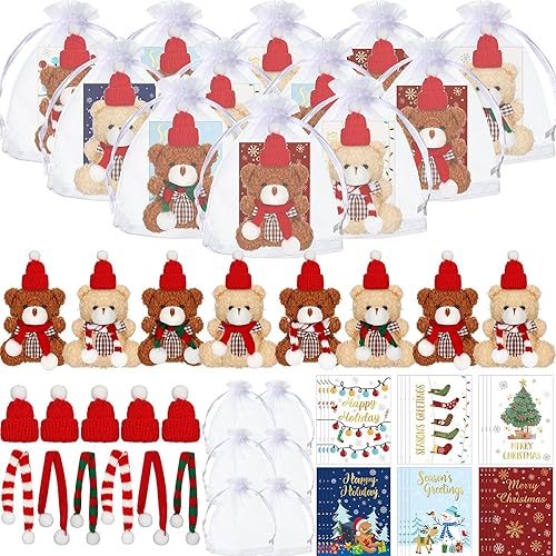 Poen Juego de 24 mini osos de peluche de Navidad con sombrero de Papá Noel, bufanda, bolsa de organza de 4 pulgadas, pequeño oso de peluche de
