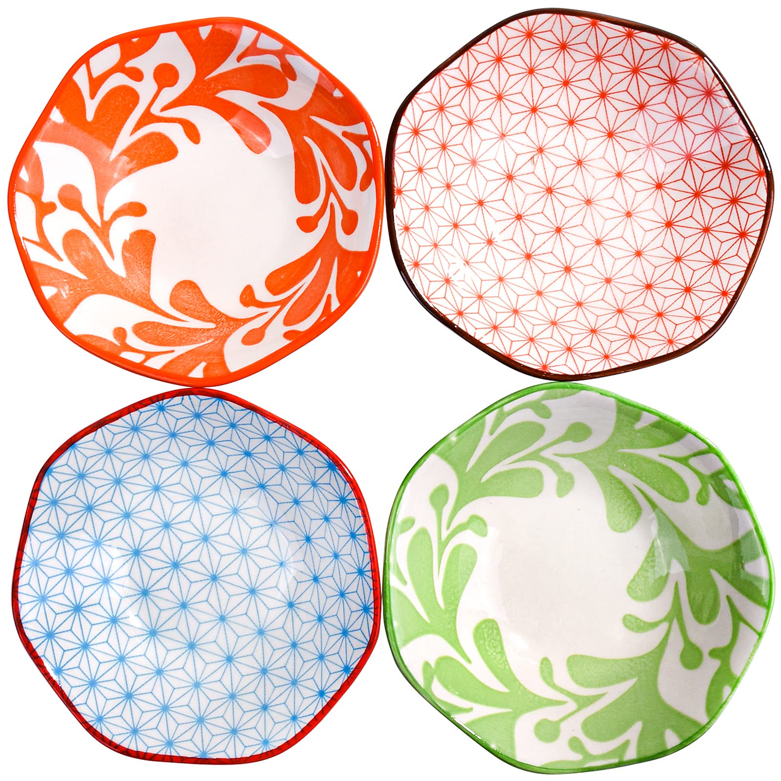 Japanese Ceramic Soy Sauce Dishes Set – 4 Pack Assorted Traditional Patterns, Dishwasher-Safe Condiment Bowls for Sushi, Dumplings, or Dipping, Elegant Home & Restaurant Tableware