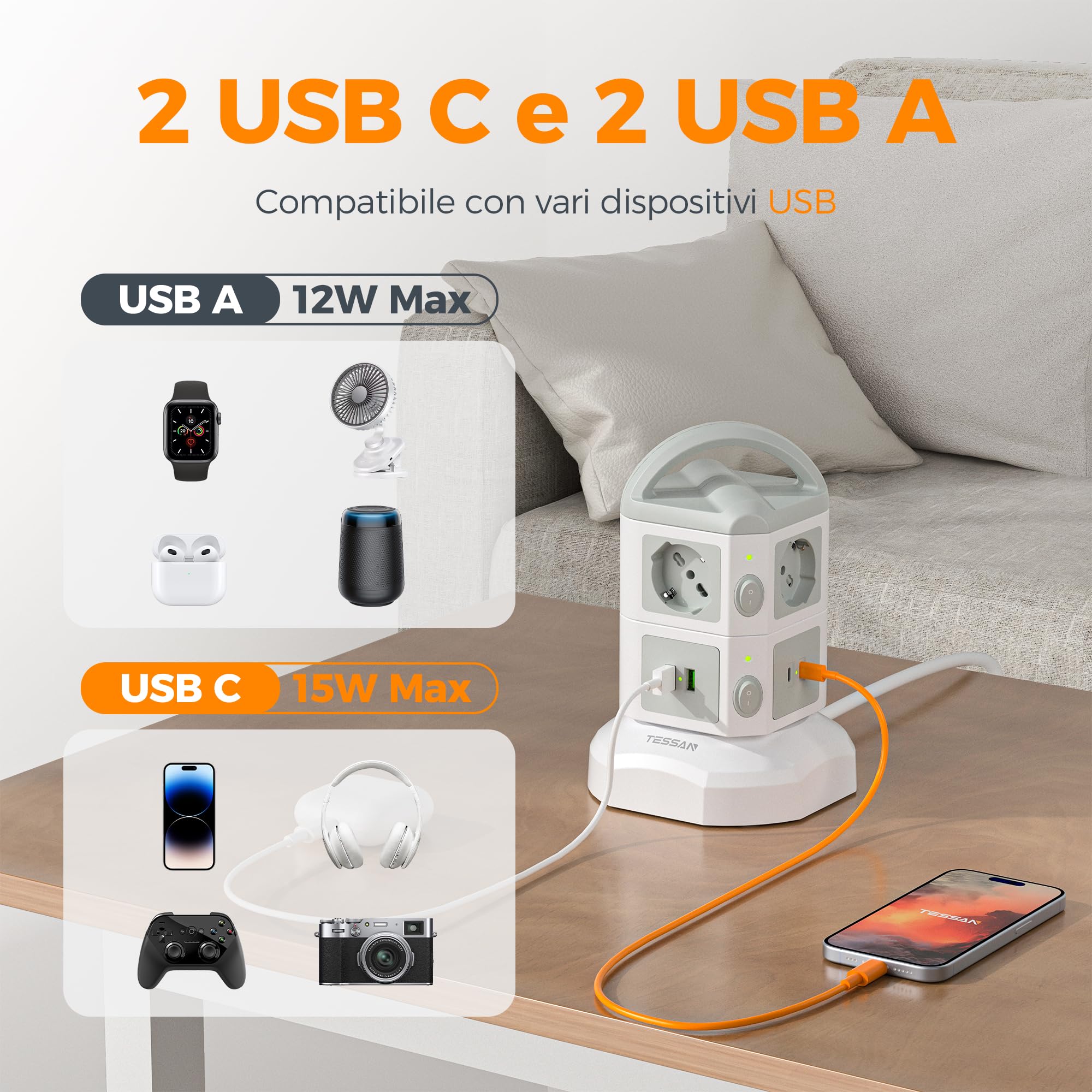 TESSAN Prolunga Retrattile 5M, Ciabatta Multipresa con 2 USB C, 6 Prese | Multipresa Verticale con 2 Interruttori Indipendenti, Girgio