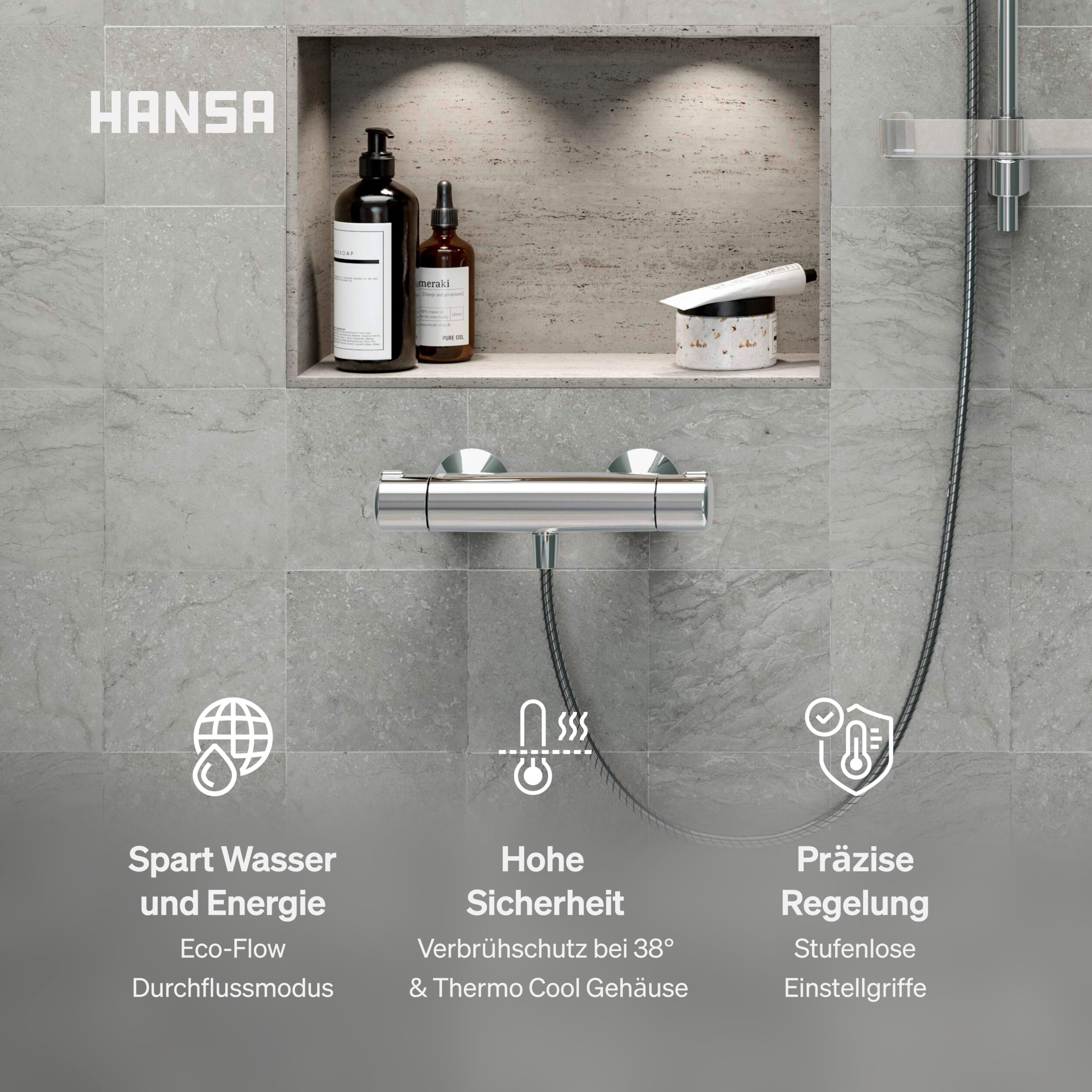 HANSA MICRA Thermostat Dusche I Duscharmatur mit Verbrühschutz 38°C und ThermoCool Funktion I Wassersparend mit EcoFlow 11,4 l/min | Mischbatterie für Badezimmer | Bad Armatur Duschthermostat |Chrom