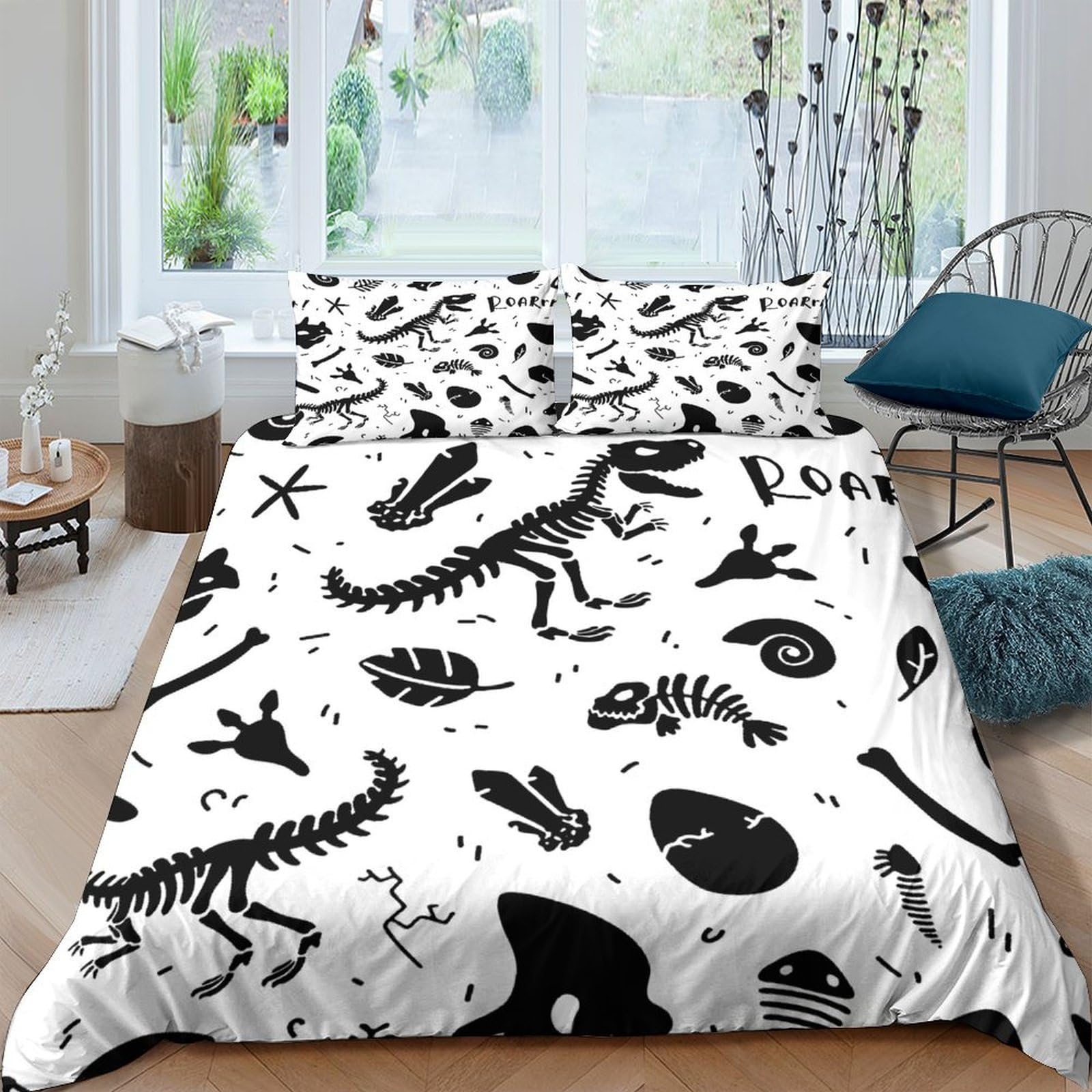 Ctjqhvkz Style-1 3D Printed Dinosaur Skeleton Fitted Sheet Microfiber Soft Black White Fossil Bed Cover For Bedroom Decor Single（135X200cm）