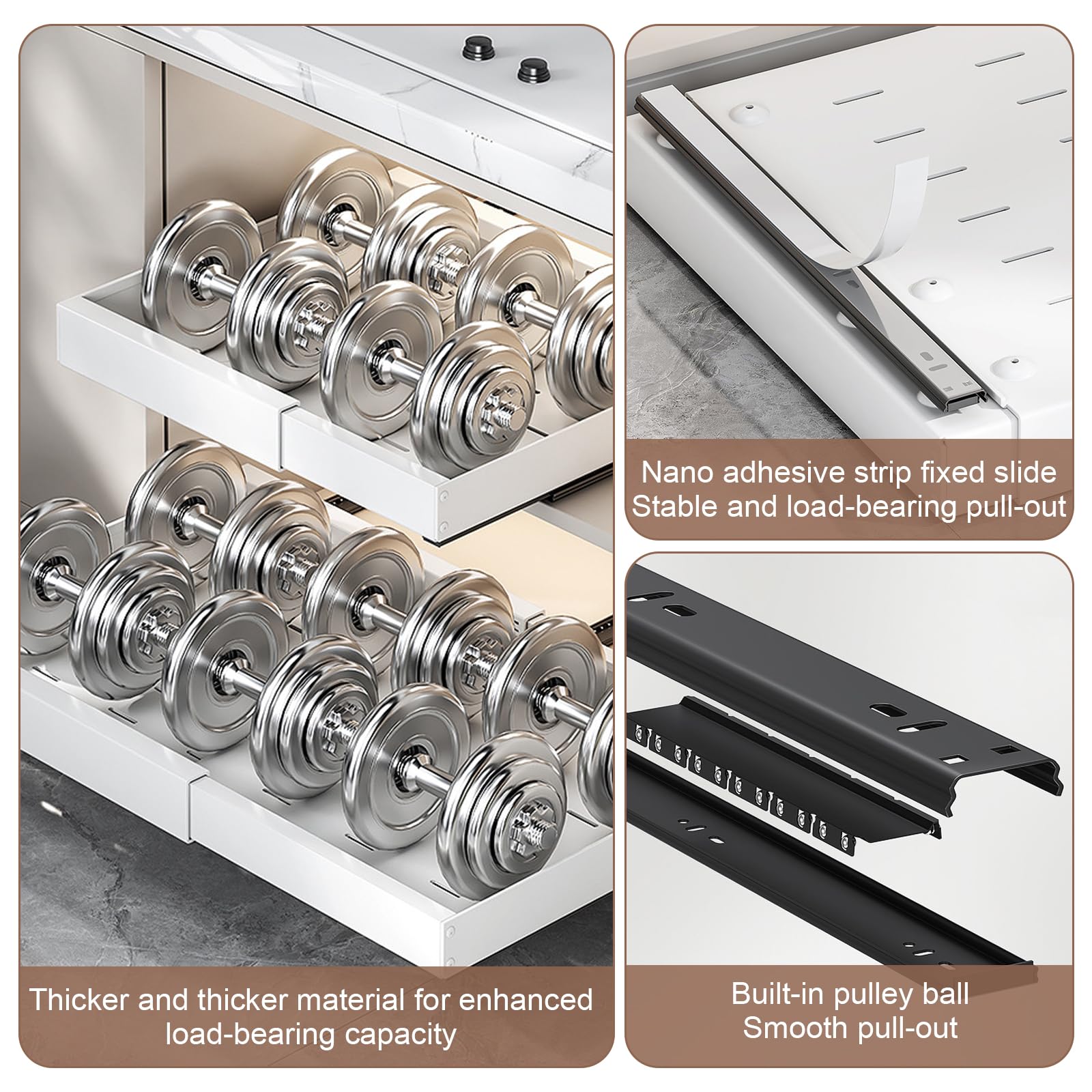 Dokeno 2PCS Teleskopschublade mit Kleber, Ausziehbarer Cabinet Organizer, Breite Verstellbar (32–52 cm), Schubladen für Küchenschränke Erweiterbarer Schrank-Organizer für Küche Badezimmer (Weiß)