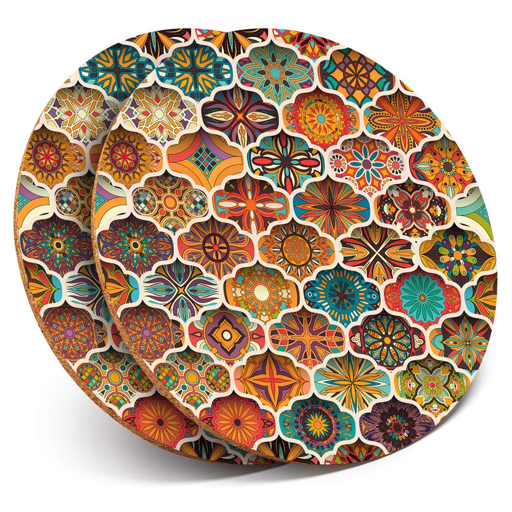 Destination Vinyl Ltd Multicolor 2 X Mdf Glossy Top Coasters Round - Ethnic Floral Mandala Pattern Indian 12522